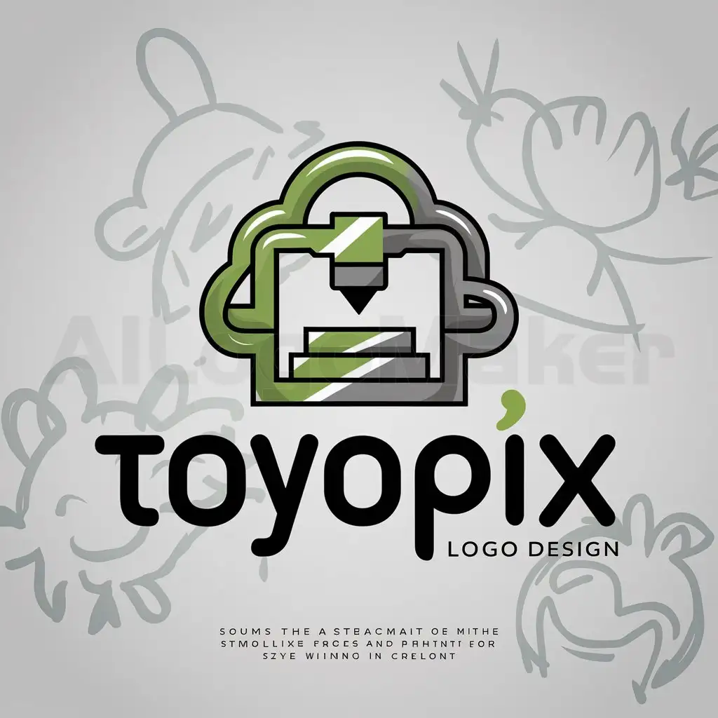 a logo design,with the text 'Toyopix', main symbol: Please design a creative and playful logo for the brand Toyopix. Our brand specializes in selling 3D printed models, toys, and other items. The logo should incorporate innovative elements that convey a sense of three-dimensionality and 3D printing. Consider using a symbol that visually represents 3D printing, such as an icon of a 3D printer or layered designs. Additionally, include elements that mimic a child’s drawing of a 3D model to emphasize playfulness and creativity. The design should be minimalist with clean lines. Use vibrant and attractive colors to enhance the sense of fun and appeal. The logo should be easily recognizable and convey a friendly and appealing feel. Choose a modern and simple font for the text 'Toyopix' and incorporate elements related to toys and 3D printing technology. The overall design should reflect energy, innovation, and a childlike sense of wonder. green and grey and pastel