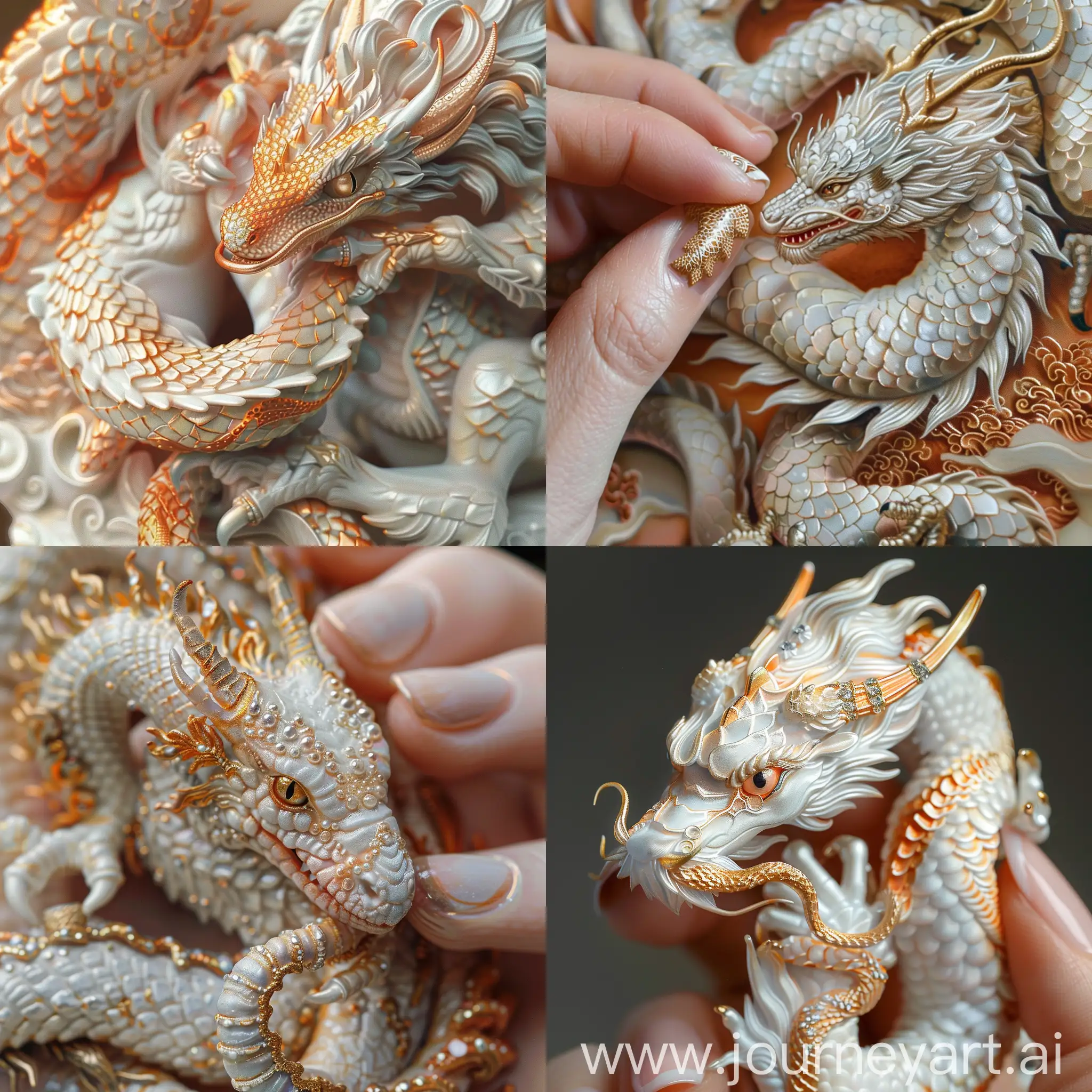 close-up, miniature dragon with gold and silver snakes around a woman's finger, in the style of realistic hyper-detailed portraits, light white and light orange, realistic hyper-detail, magewave, precisionist lines