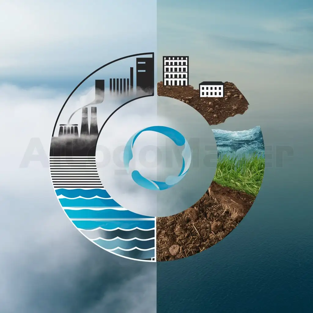 a logo design,with the text "Lü Xing Environmental Protection Technology Co., Ltd.", main symbol:Design a circular logo, with the left side containing from top to bottom: misty sky, factory, alkalized soil, seawater and the right side containing from top to bottom: clear sky, buildings, soil with grass, seawater,Moderate,be used in enviromental protection industry,clear background