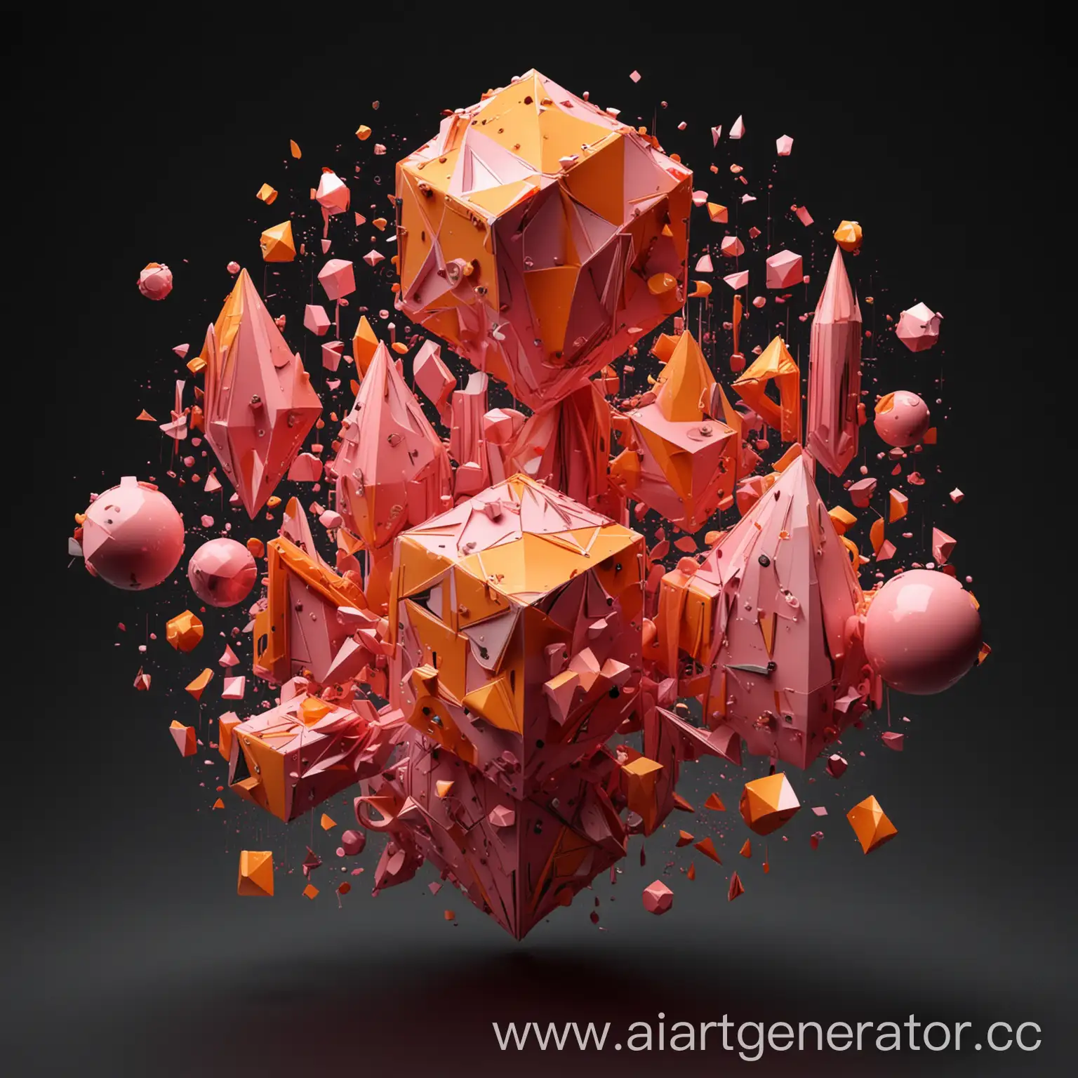 абстрактные оранжевые и розовые геометрические 3д фигуры и завитки летают на черном фоне