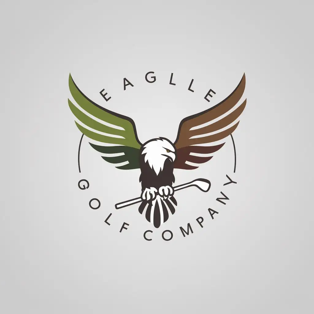 a logo design,with the text "Eagle Golf Company", main symbol:The logo should embody the spirit of golf and incorporate an eagle holding a golf club in its talons, or the eagles wing somehow. If you have a great idea give it a shot. Key Points: - The color scheme should consist of green, brown, black, and white. - The logo should be designed for multi-purpose use including print materials, online platforms, and merchandise.,Minimalistic,clear background
