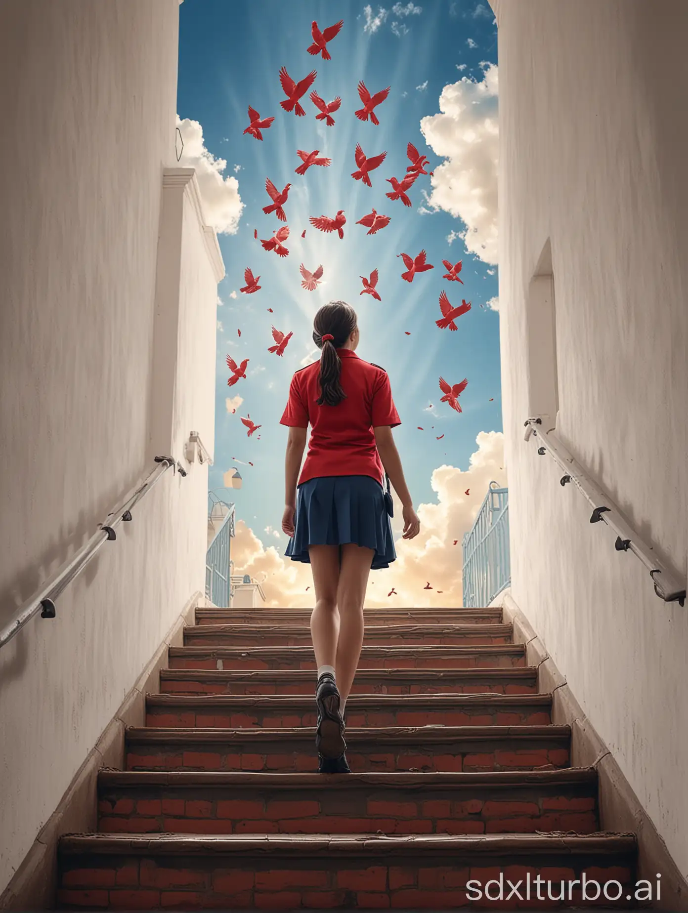 Generate a poster advertising scholarships for disadvantaged students, featuring the image of a girl in uniform standing on stairs gazing up at the sky with three red doves of different sizes as silhouettes in the sky. Poster has no words.