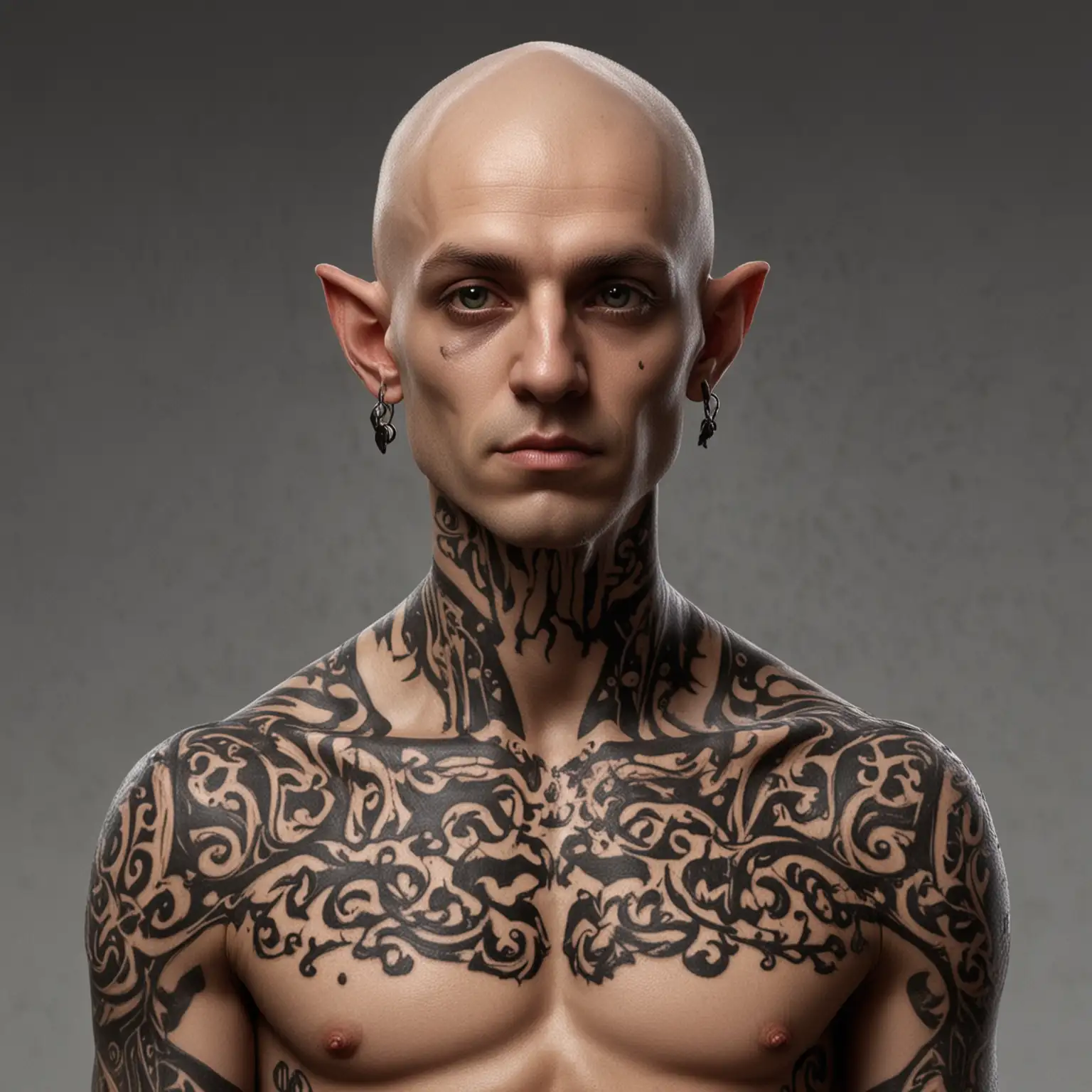 Mystical Bald HalfElf Shadow Monk with Gills and Intricate Tattoos
