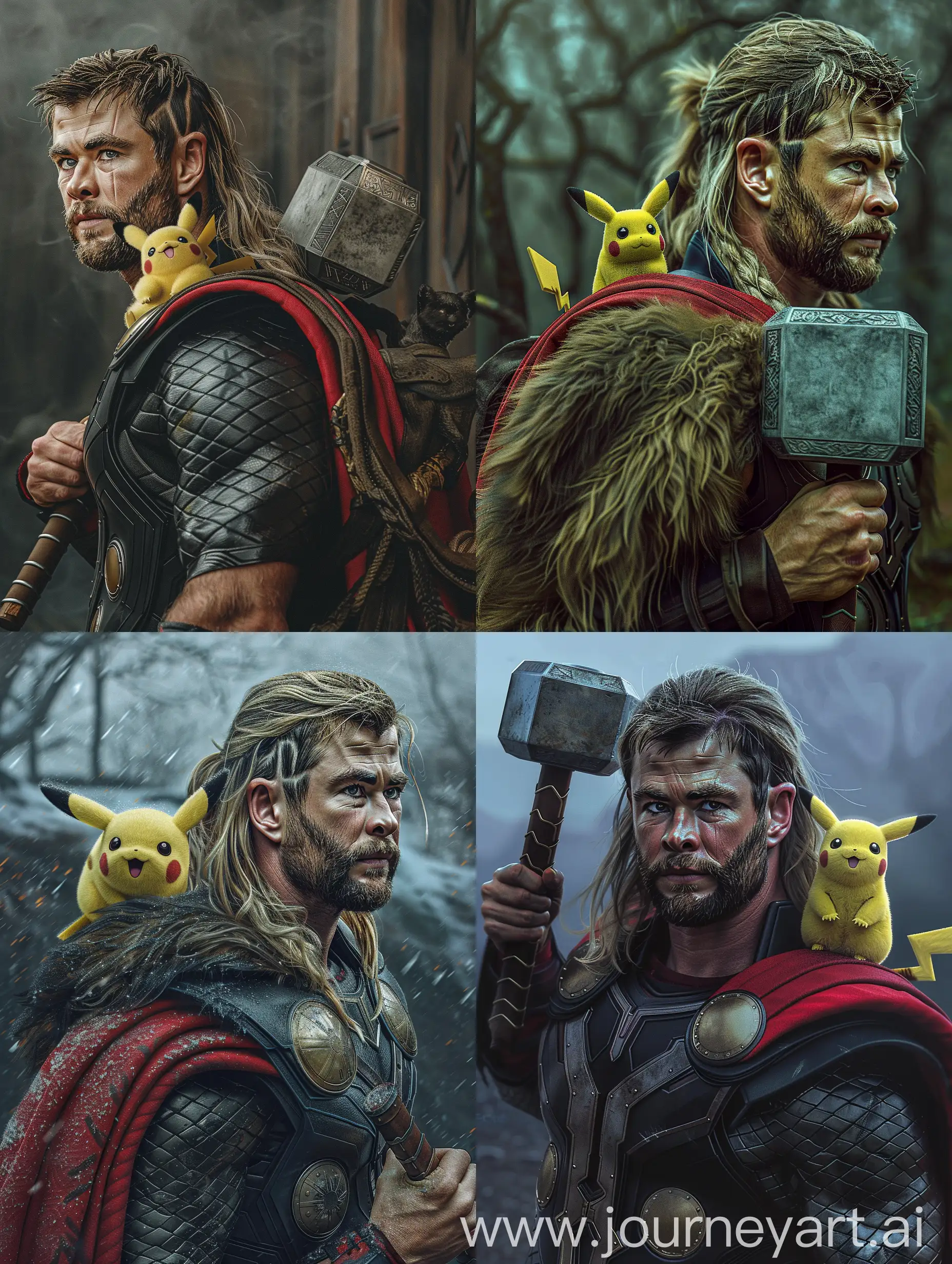 Create a realistic  image of Chris Hemsworth's thor holding his hammer  mjolnir.  Pikachu is sitting in his shoulder, epic realism, extremely detailed, hyper realistic, 8k