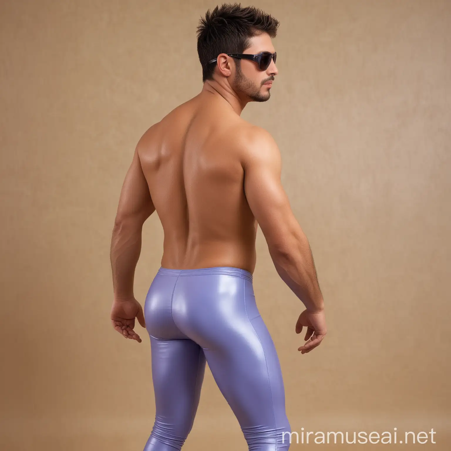 Charming shirtless  32 year old male Argentine wrestler, with short spiky gelled brunette hair; brown skin; sunglasses; very little beard; wearing long periwinkle spandex leggings;well defined  prominent buttocks; rear view