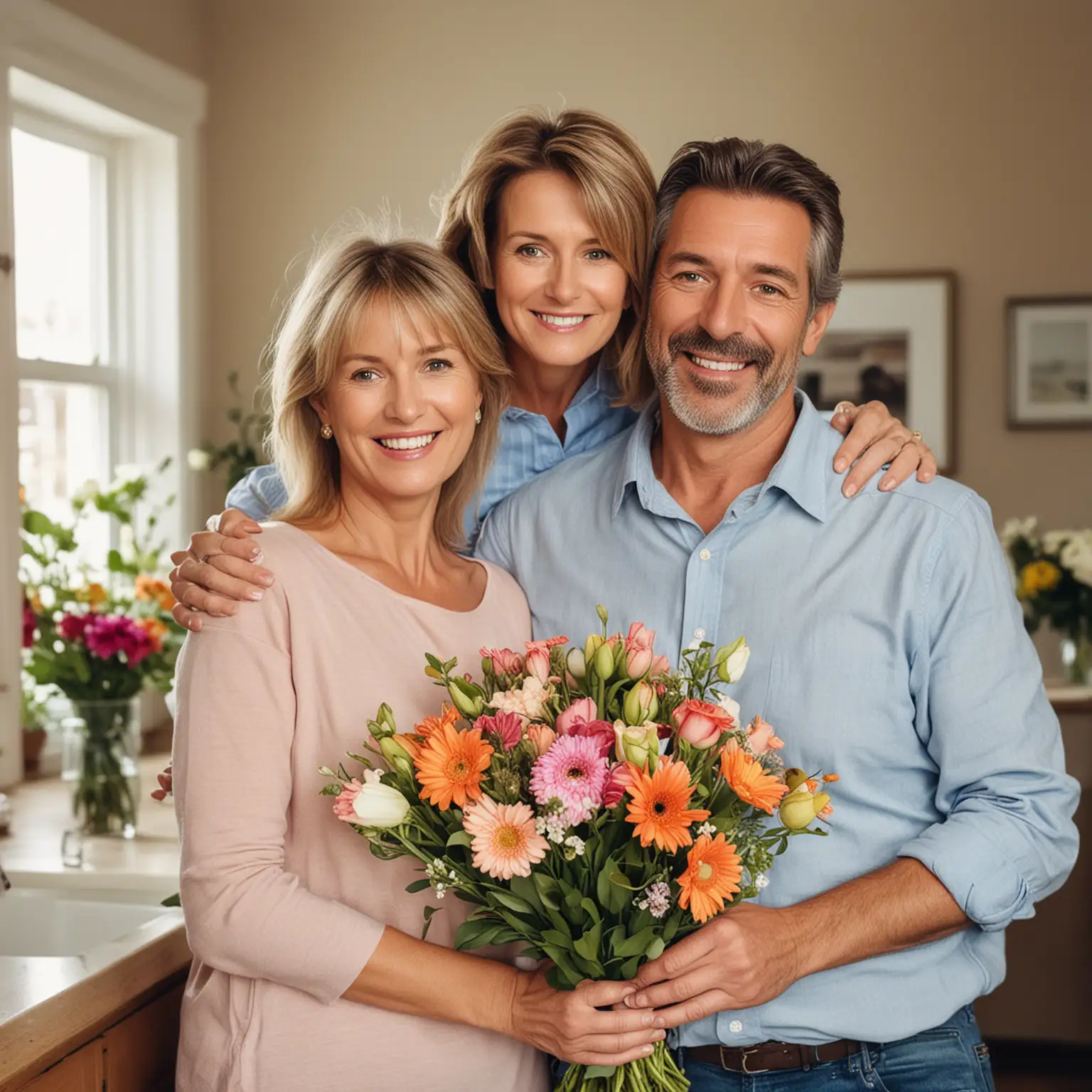 счастливая семья средних лет в своем доме, с букетом цветов