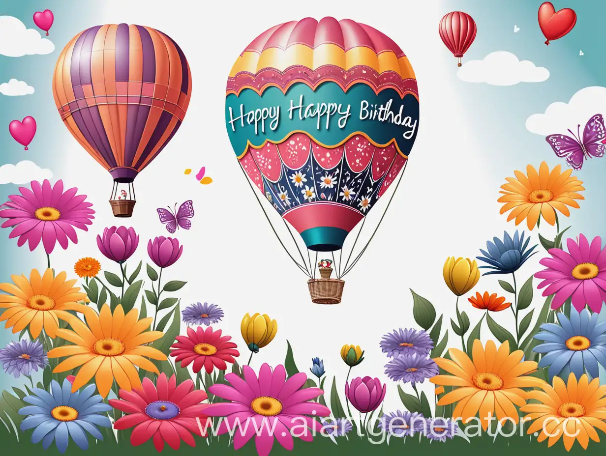 Открытка с днем рождения много цветов и воздушный шар