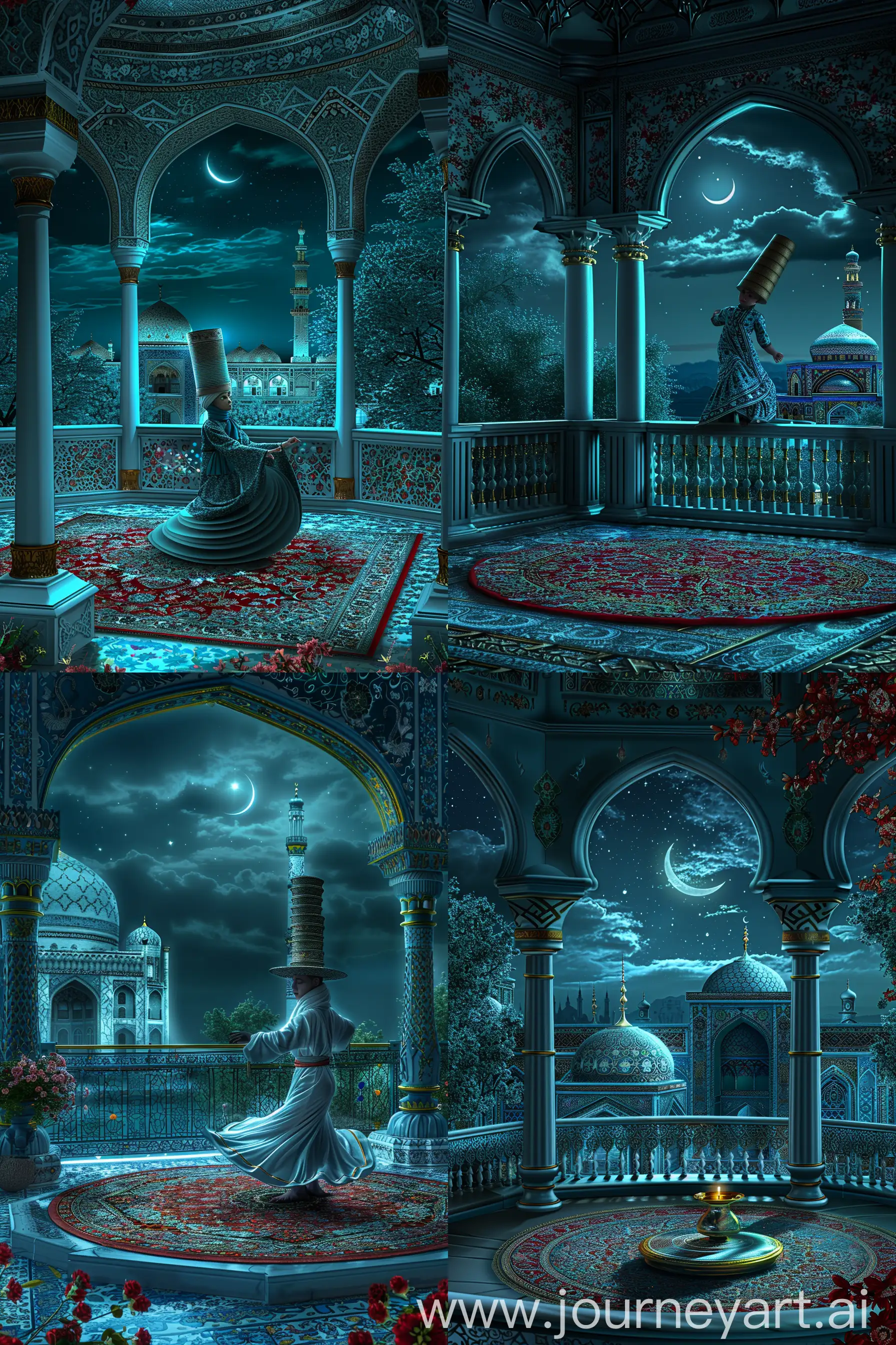 A young British dervish wearing tall cylindrical hat performing sufi whirling sema dance on a persian carpet, inside an octagonal balcony having three arches decorated with persian floral motifs, serene night sky with a crescent, view of Persian tiled mosque, White blue red golden --sref https://shorturl.at/C3Svi https://shorturl.at/QIoZk --sw 1000 --style raw --q 1 --s 999 --ar 2:3