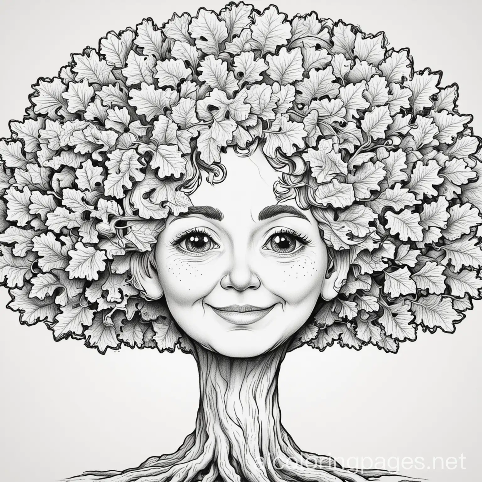 oak tree with a friendly grandmother face to color in for children, Coloring Page, black and white, line art, white background, Simplicity, Ample White Space. The background of the coloring page is plain white to make it easy for young children to color within the lines. The outlines of all the subjects are easy to distinguish, making it simple for kids to color without too much difficulty