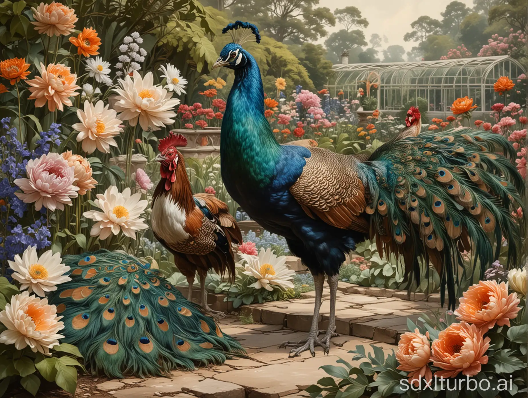 A full body shot of a peacock and a rooster. with a background of a rocky glasshouse flower garden, in the style of painting by Leyendecker.