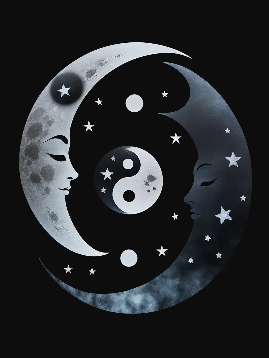 symbol for shadow work , ying and yang, moon and stars misty with black background
