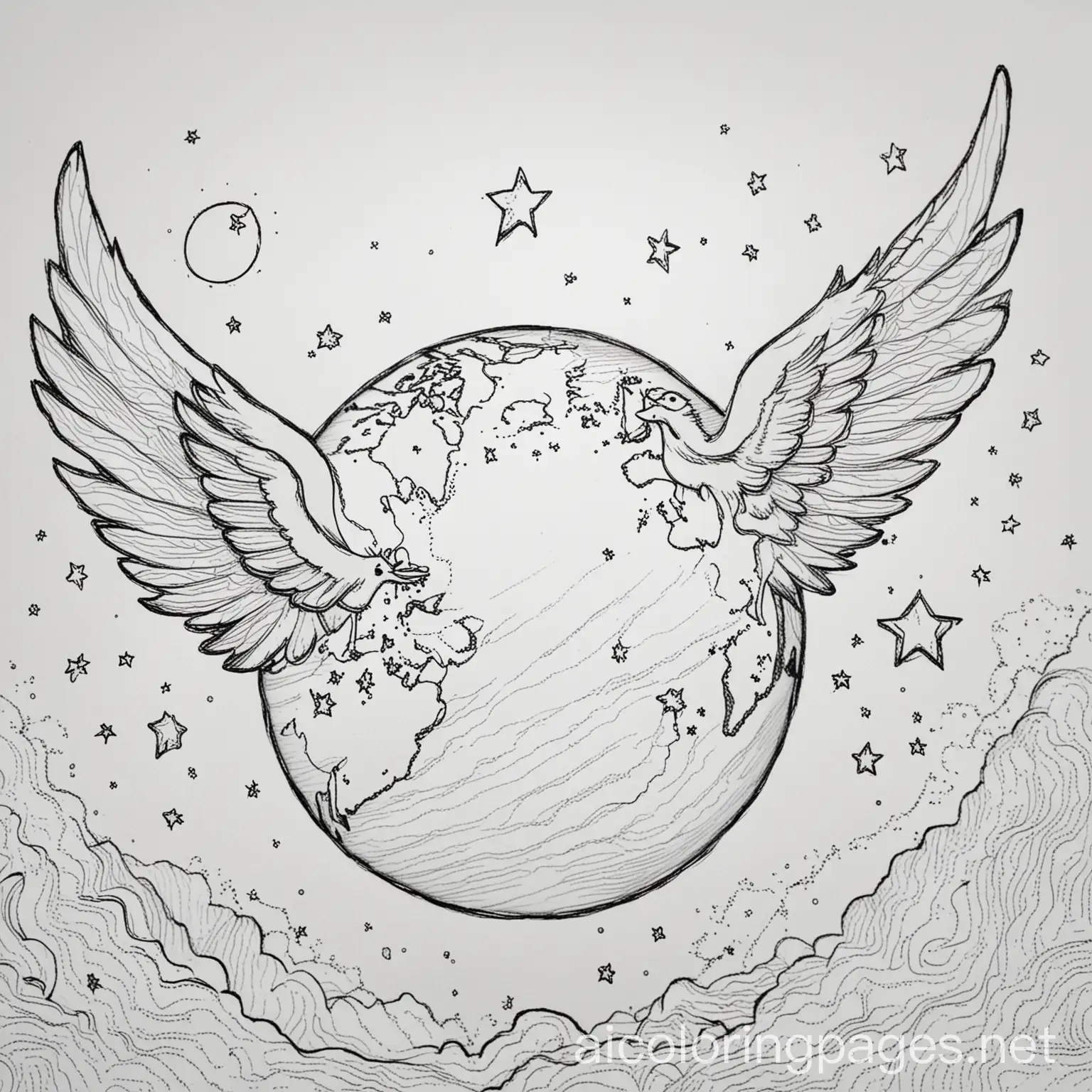 Earth with wings  stars in the distance, Coloring Page, black and white, line art, white background, Simplicity, Ample White Space. The background of the coloring page is plain white to make it easy for young children to color within the lines. The outlines of all the subjects are easy to distinguish, making it simple for kids to color without too much difficulty