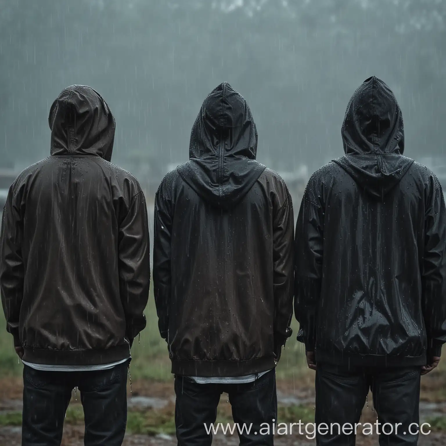 Three men in hoodies stand with their backs to the rain