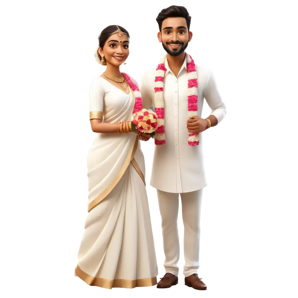 south indian wedding caricature groom in white vestie and shirt,bride in saree