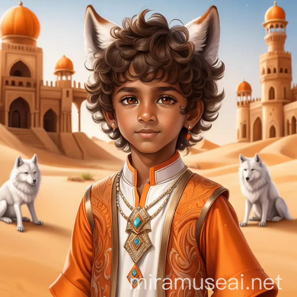 cute child desert boy 5 year old, with wolf ears, brown skin, big brown eyes, curly short hair showing foreheard, royal arabian clothes white + orange and jewelry in orange colours, in a desert palace