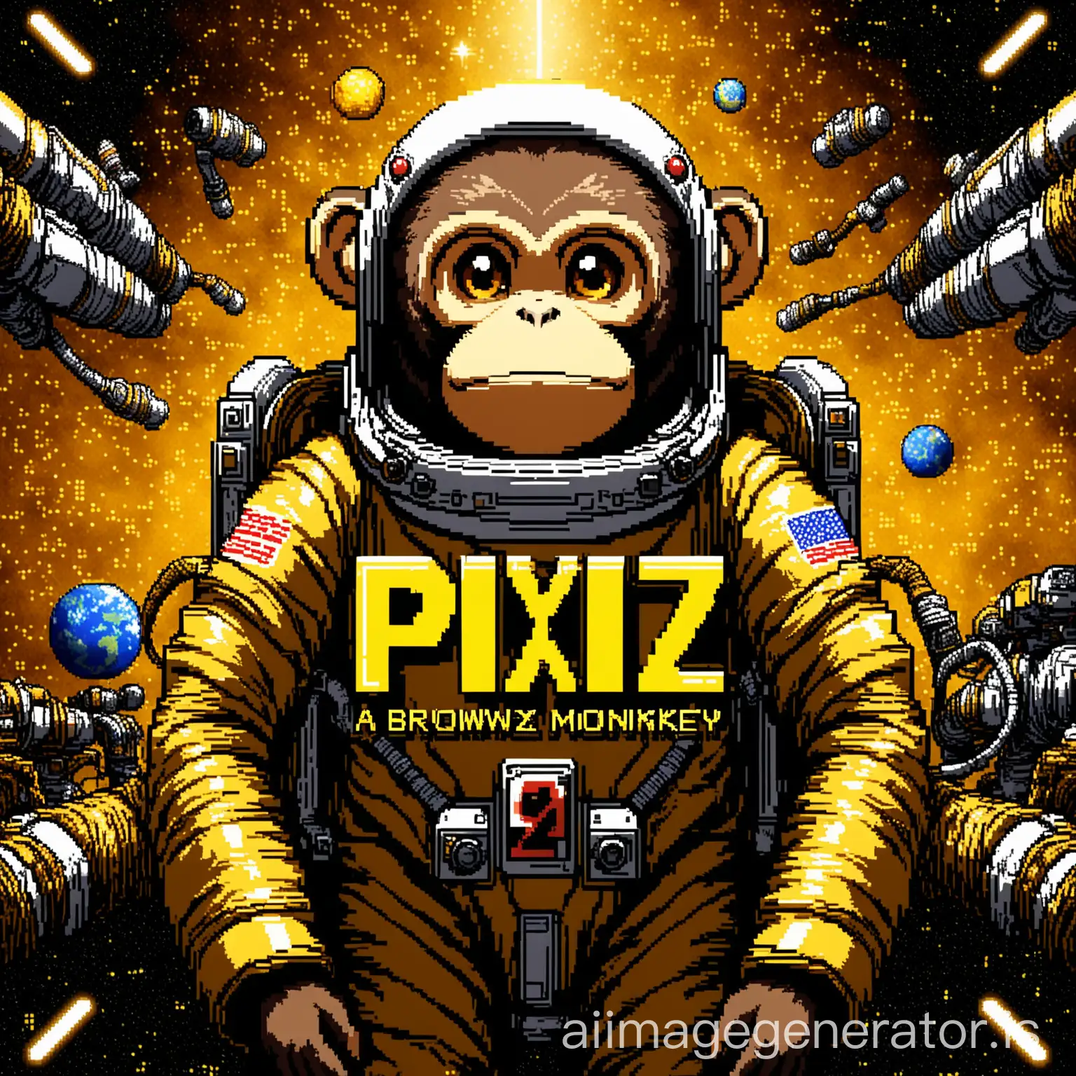 a brown pixel monkey in yellow space with spacesuit
"PIXIZ " Text in background
details are so high quality and lighting with detailed details