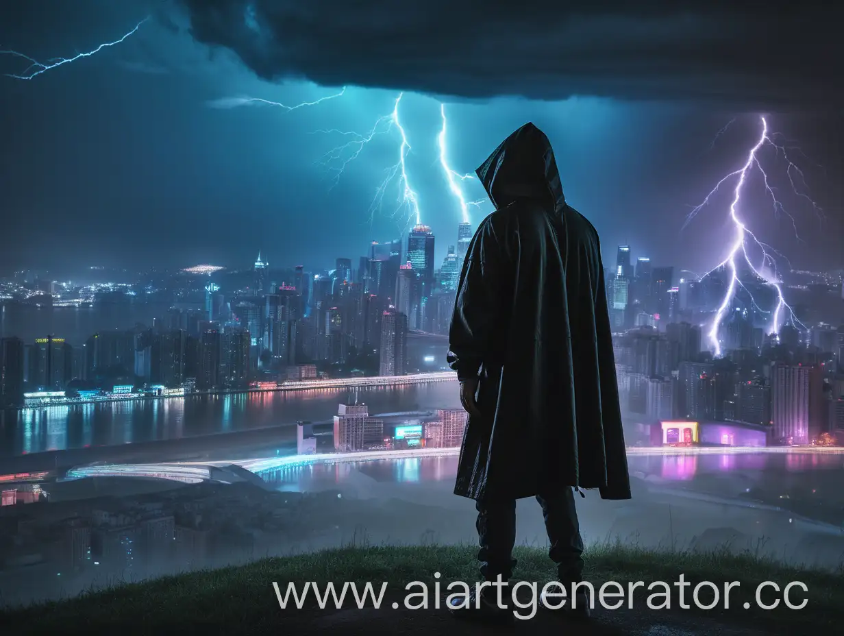 a man in a hood, against the backdrop of a thunderstorm and a city with neon lights, his face is hidden behind the shadow, his hands behind his back, all his clothes are black, standing on a hill away from the city
