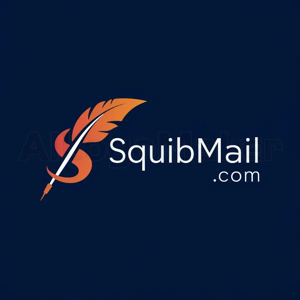 a logo design,with the text "SquibMail.com", main symbol: The logo features a stylized quill pen forming the letter "S" in a sleek and modern typeface. The quill pen is angled in a dynamic and energetic manner, symbolizing communication and creativity. Below the quill pen, the text "SquibMail.com" is written in a clear and legible font, emphasizing the brand name. The color scheme is a combination of deep blue and vibrant orange.,Moderate,clear background