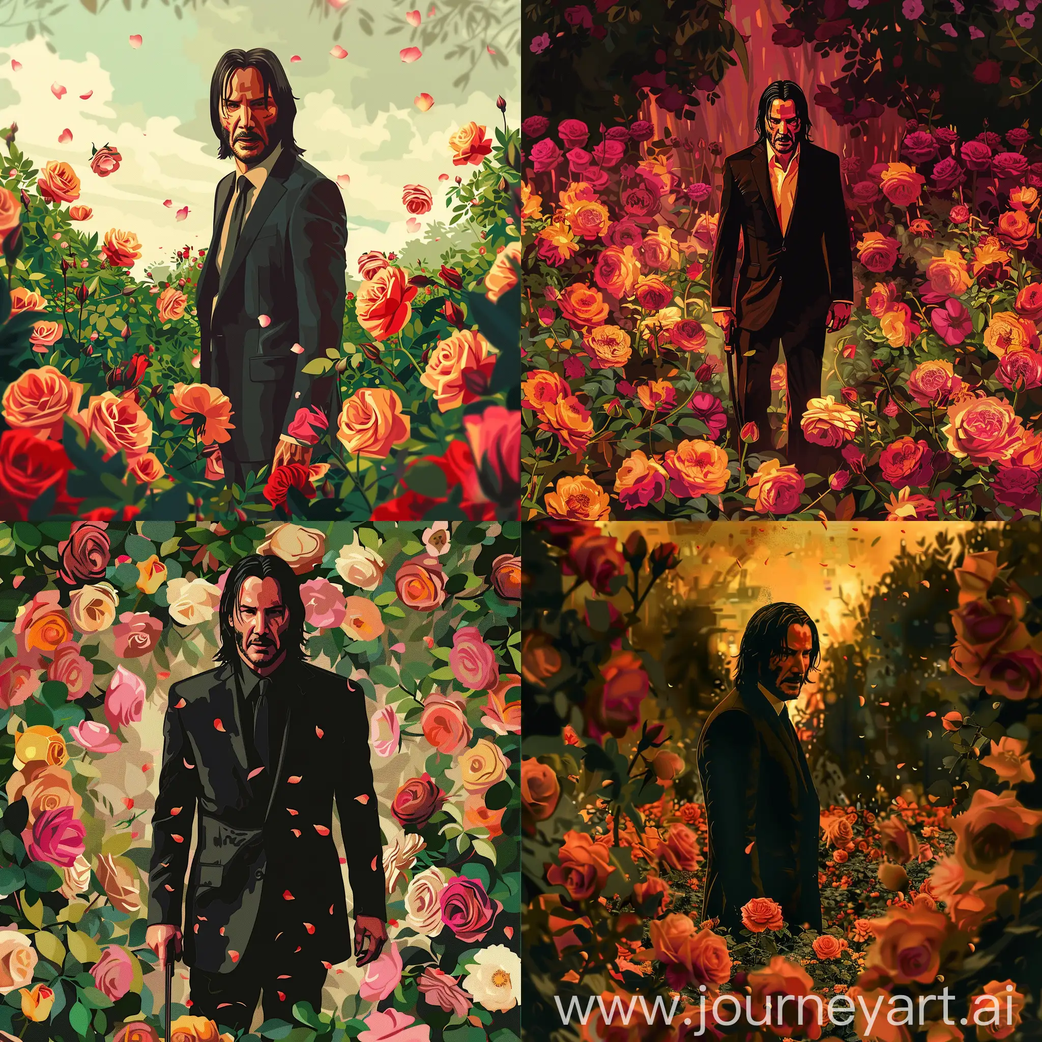 Unrealistic realistic keanu reeves as john wick standing in a garden of roses vector dreamy and illustration photo with flat colors and warm colors