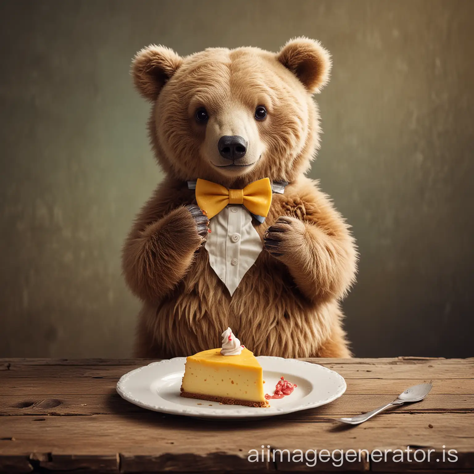 A cute bear wearing a bow tie and eating a cheese cake