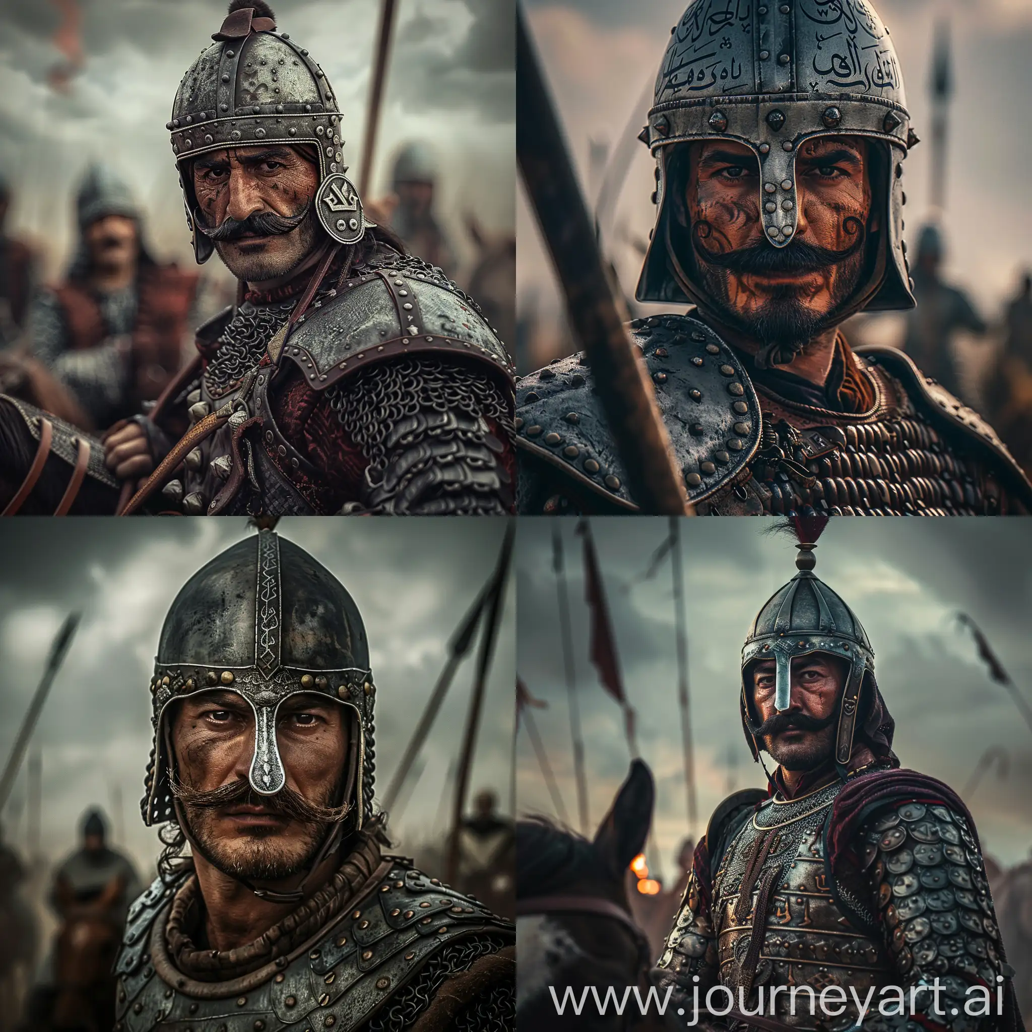 Realistic portrait of Alparslan of The Great Seljuk Empire, depicted in lamellar armor, steel islamic helmet with nose guard and aventail, prominent face, handsome, horseshoe mustache, on horseback, at battle field, posing, movie scene, cinematic lighting