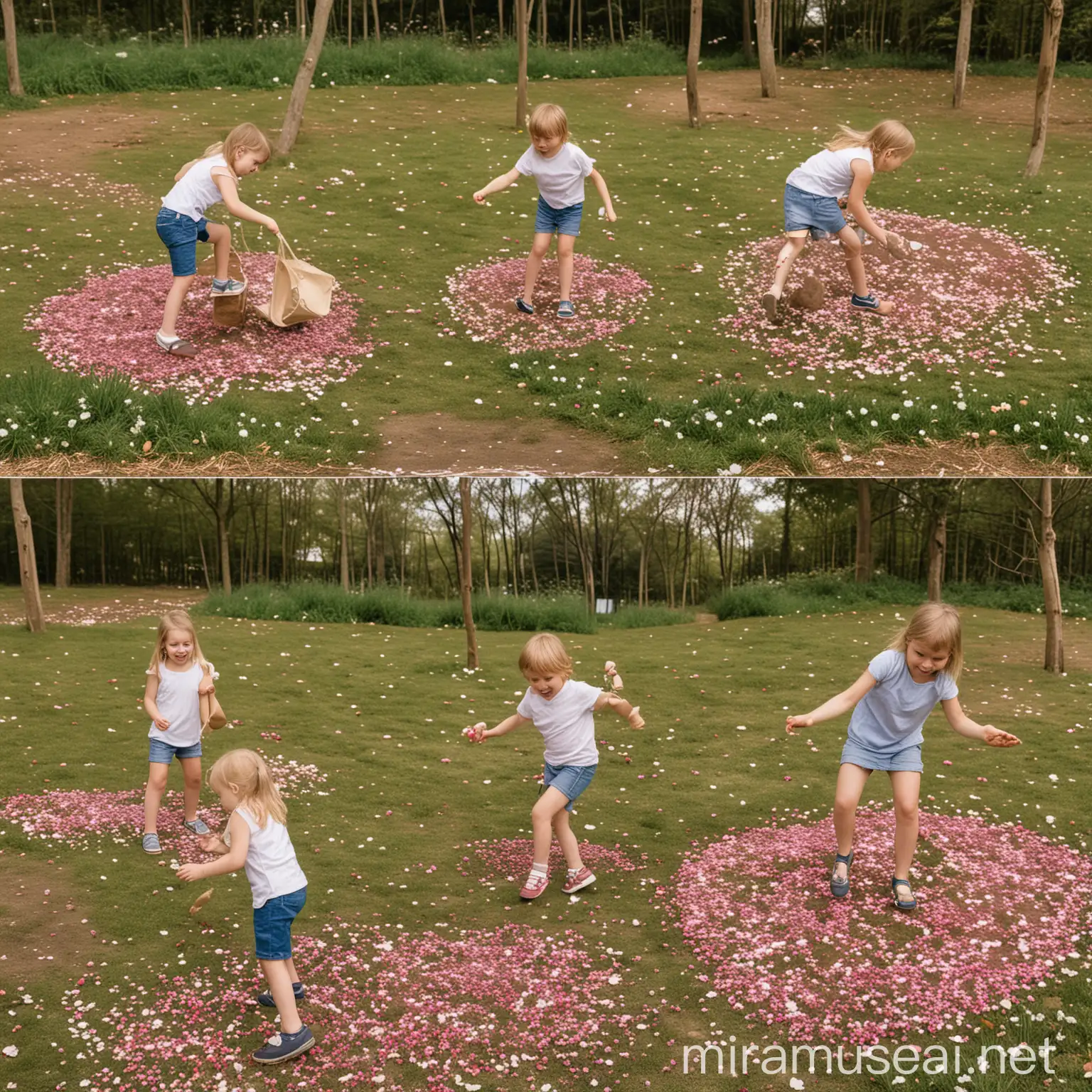 pictures in a natural-playground with 5 young children playing and petals fowling and on the floor