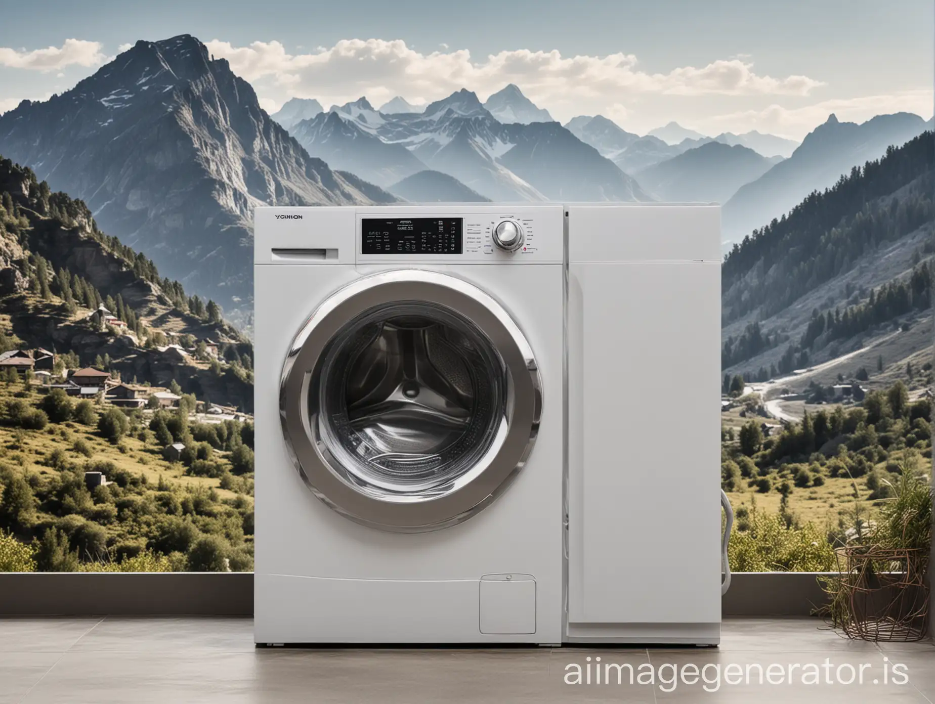 Modern-Washing-Machine-with-Mountain-Landscape-Background