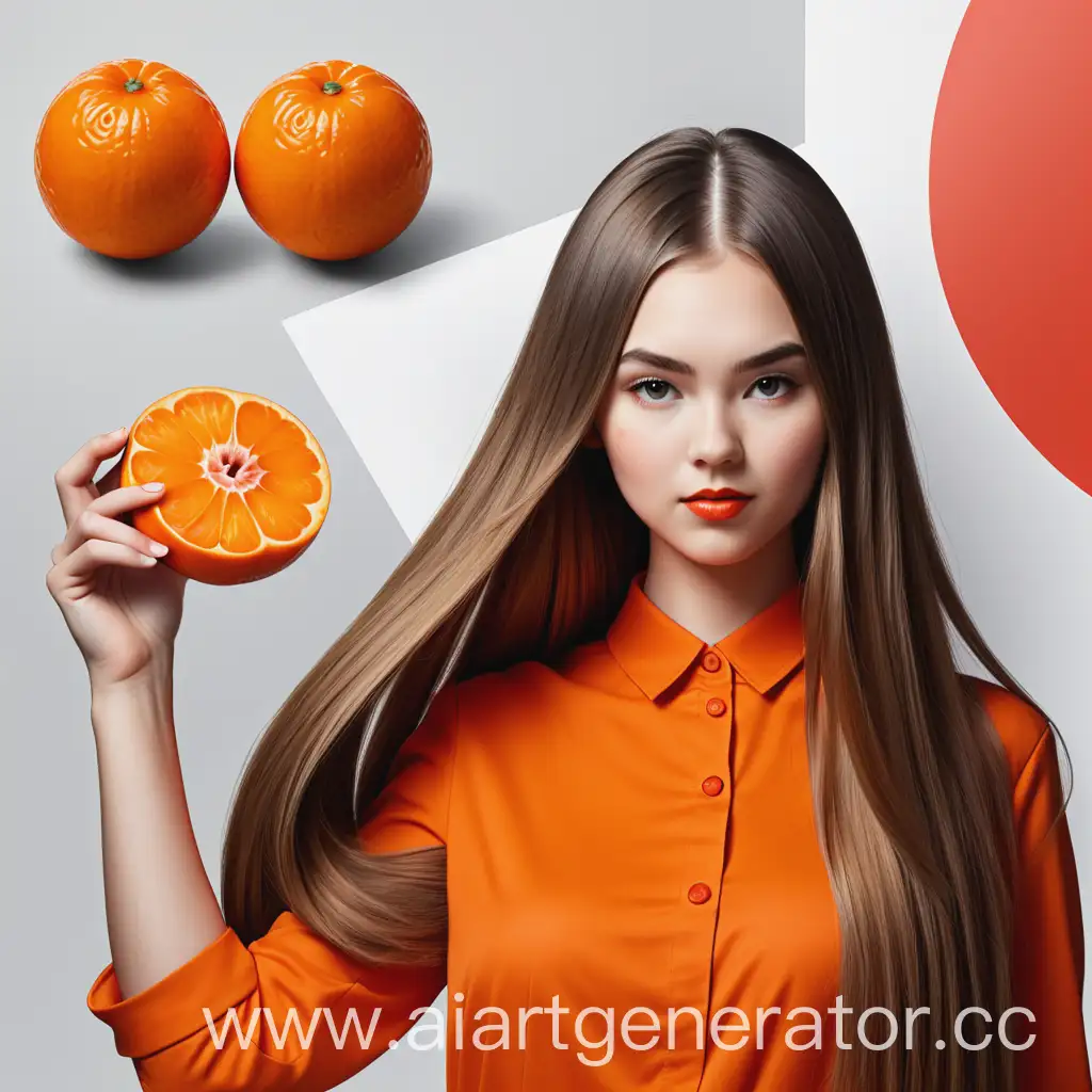Draw an ad in target. A girl with long hair is holding a mandarin cut in half, transitioning from a retro style to a modern one.