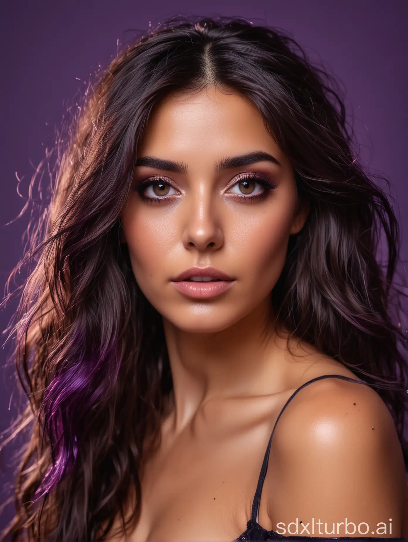 30-year-old woman, dressed in a cultured and modern way, sexy, long and loose brown eyes and hair, with an empowered look, purple background with black and drops of light slightly reminiscent of a galaxy