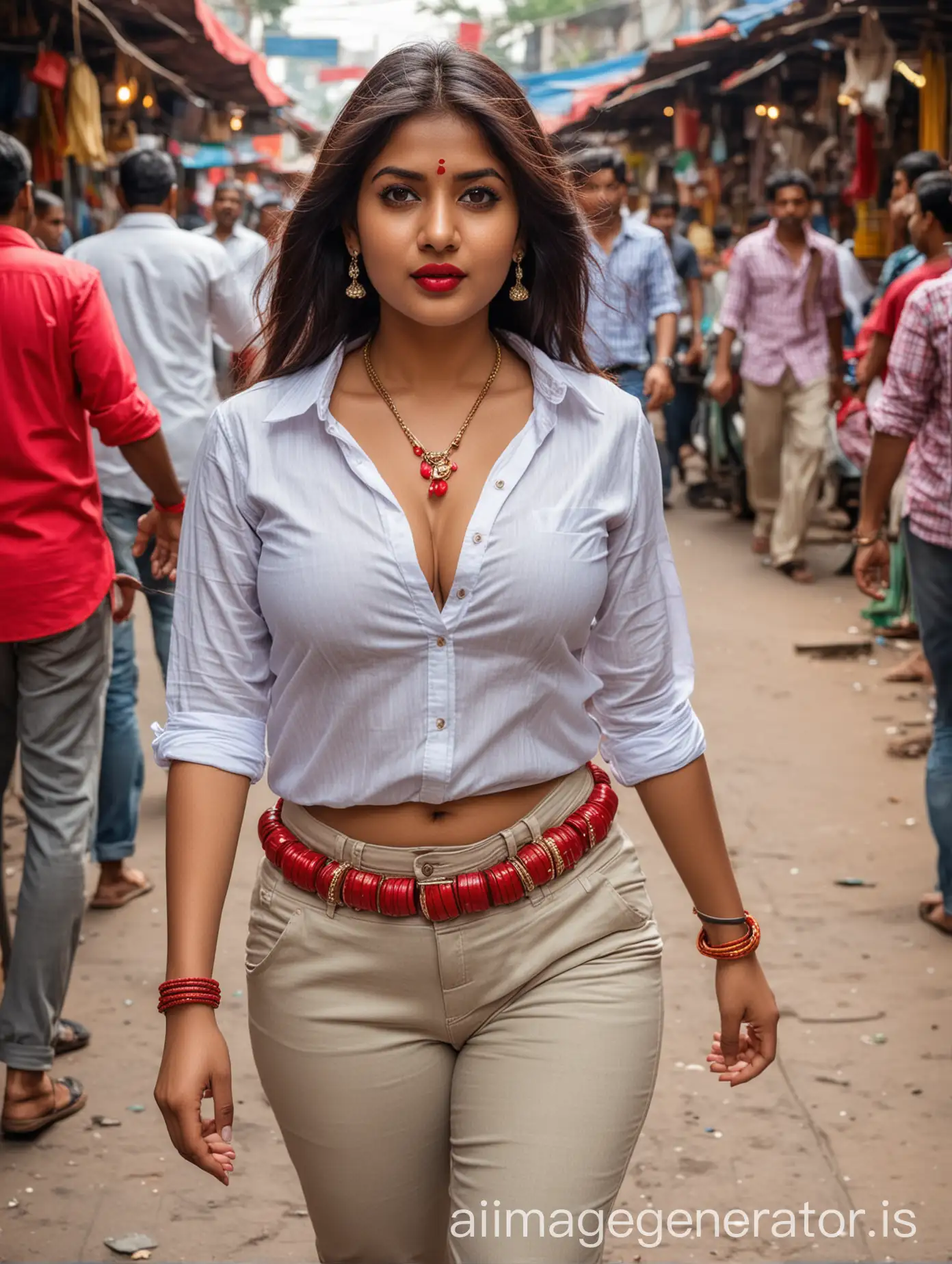Indian busty lady red lipstick wearing shirt red bangles showing cleavage walking in the market candid shot full portrait