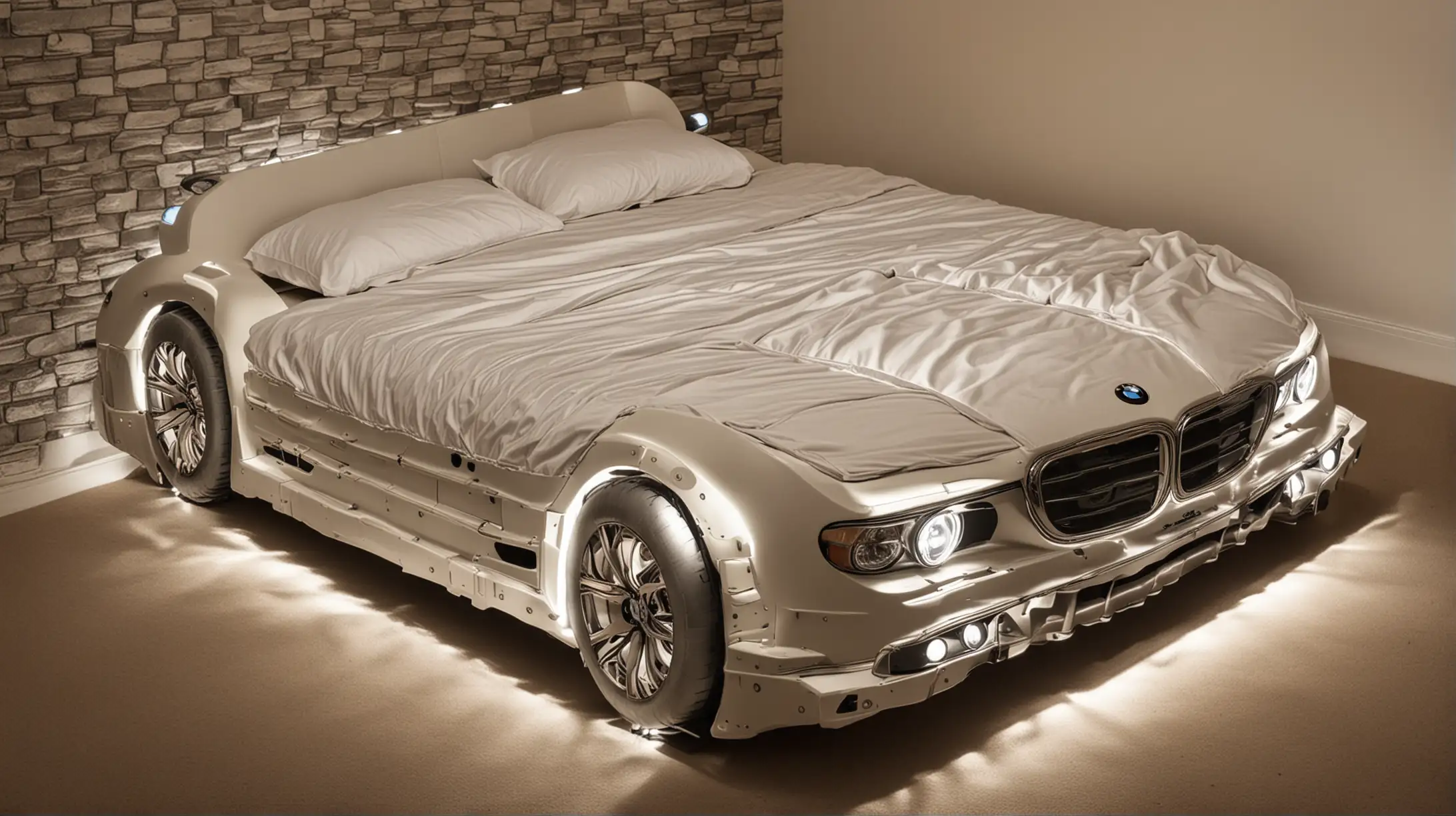 Luxury Double Bed Shaped like BMW Car with Illuminated Headlights