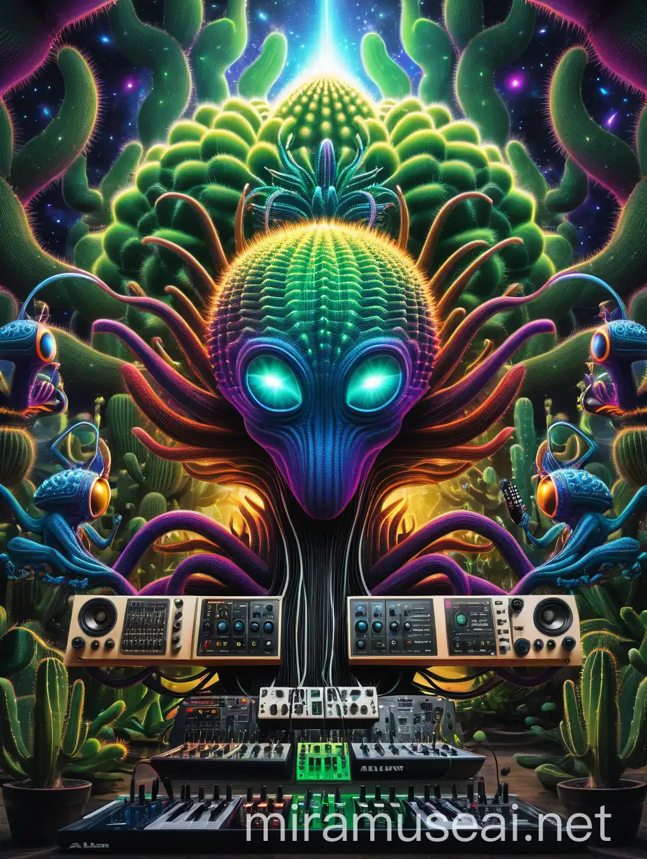 Psychedelic alien world cactus tress forest machine engine cpu alien playing music instruments dj spekars frequency music moduler dancing aliens cable attached humans brain higher Dimension hyper detailed background 