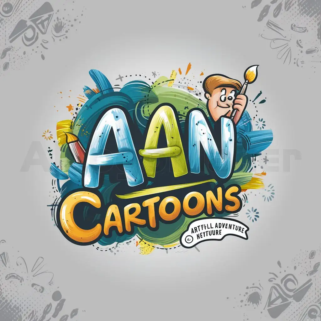 a logo design,with the text "AAN", main symbol:Font: Use a whimsical and artistic font for the initials "AAN" in the logo. This font should reflect the creativity and fun of cartooning.
Artistic Elements: Incorporate artistic elements like paintbrush strokes, splashes of color, or doodles around the letters "AAN" to represent the creative aspect of your channel.
Cartoon Character: Include a friendly and recognizable cartoon character that embodies the spirit of adventure and creativity. This character could be holding a paintbrush or pencil, showcasing the artistic theme.
Color Palette: Choose a vibrant and eye-catching color palette with colors like bright blues, greens, and yellows to convey a sense of energy and creativity.
Integration with "Artful Adventures Network": Since "AAN Cartoons" is part of the "Artful Adventures Network," you can include a small tagline or emblem that signifies its connection to the larger network, such as "Artful Adventures Network" or a stylized emblem that incorporates both "AAN" and "Artful Adventures Network.",Moderate,clear background