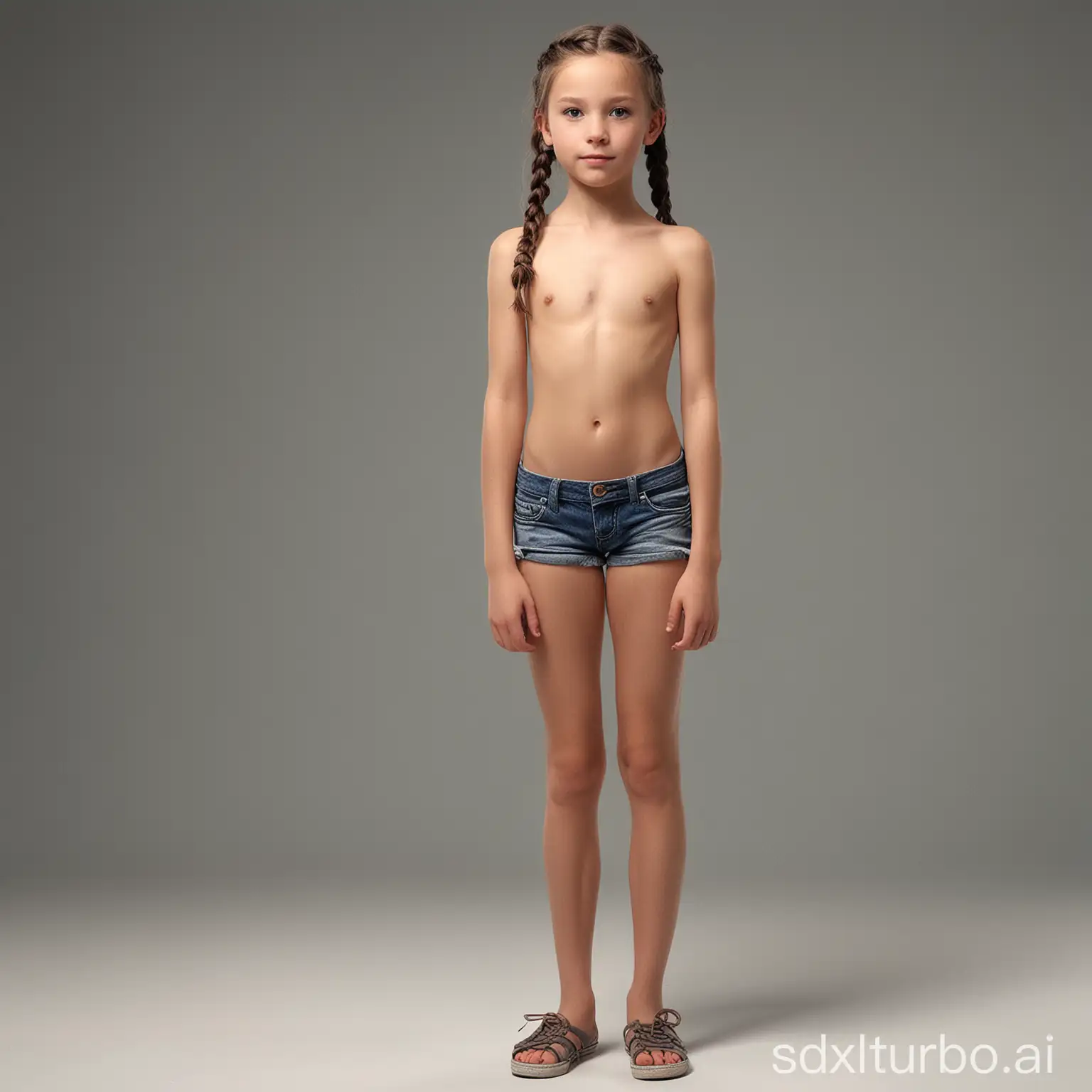 full body view, front view,about 10 years old, braided hair, long hair, teen body,(slim, athletic, elegant, skinny, long legs, skinny legs),flat stomach, run_shoes ,(topless) , tight shorts , Camera: DSLR. Lens type: wide-angle, photorealistic,analog,realism, one girl, tiny_girl,perfecteyes
