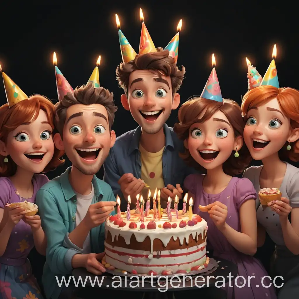 Joyful-Cartoon-Characters-Celebrating-Birthday-with-Cake-on-Black-Background