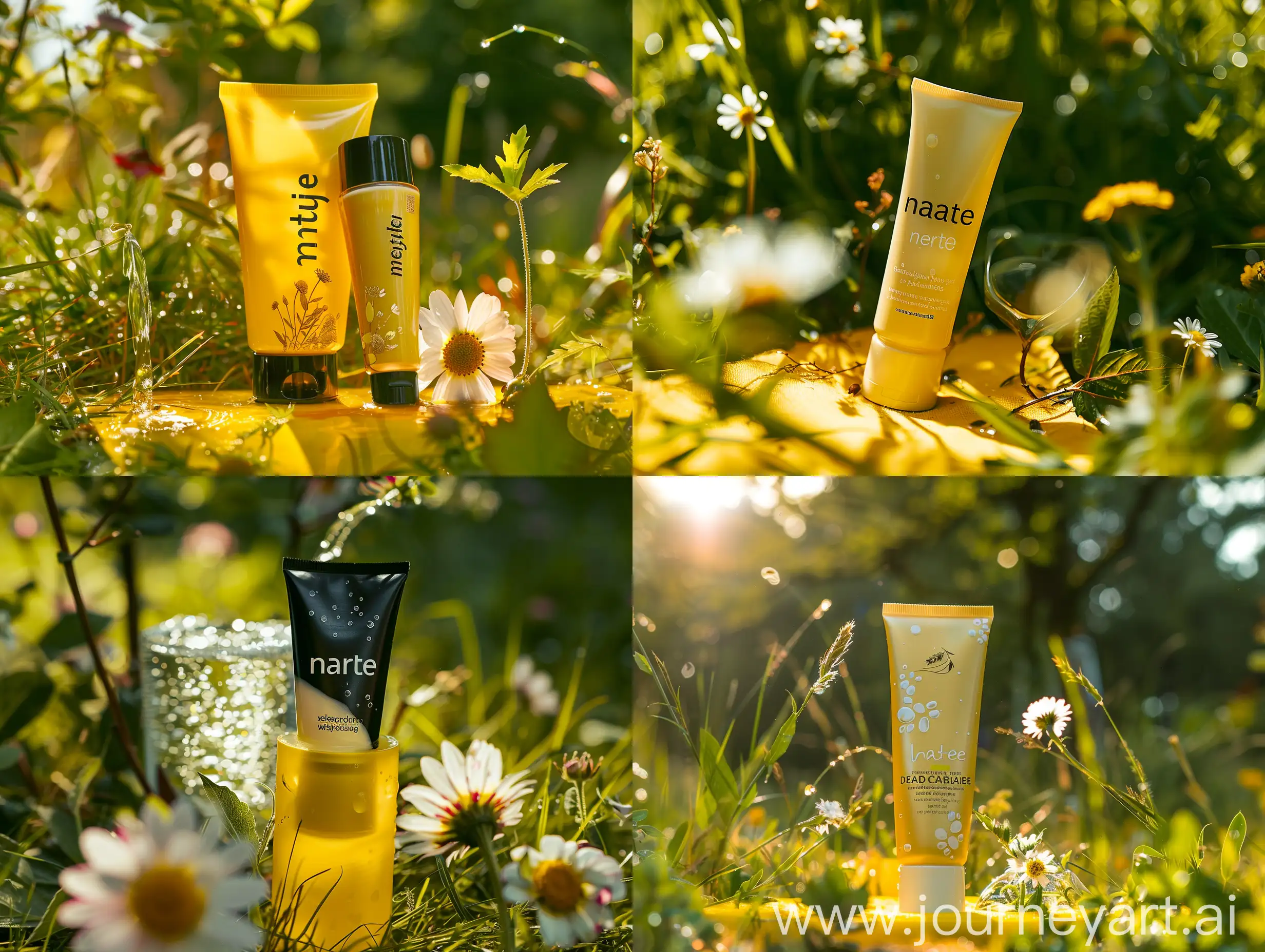 product photography, tube of face cream with brand text "nature" positioned on the yellow low stage in meadown, sun light, flowers, sparkling water