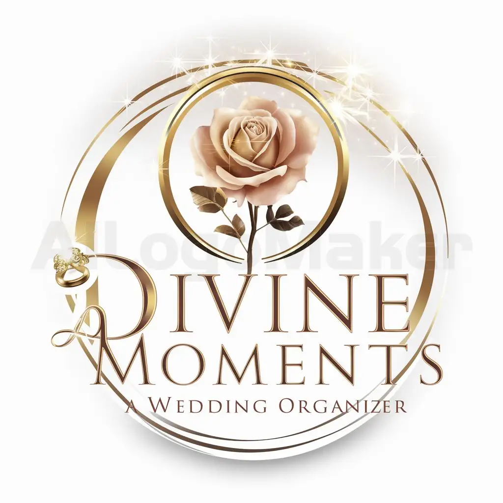 a logo design,with the text "Divine Moments: Memorable Moments, Beautifully Crafted.", main symbol: Beautiful rose situated in the center of a circle symbolizing unity and eternity. The rose is adorned with intricate details, reflecting dignity and elegance. Behind the rose, shining star-lights add a magical and wonderful touch to the design.

Underneath the icon, the words "Divine Moments" are written in an elegant and classic font. The word "Divine" is capitalized, while "Moments" has an emphasis on the letter "M", highlighting the focus on the special moments created by Divine Moments.

The logo uses a gold color for the wedding ring icon and the words "Divine Moments", symbolizing elegance and dignity, while white is used as the background color of the circle to represent cleanliness and purity.

This logo represents the essence of Divine Moments as a wedding organizer that offers beautiful and unforgettable moments. The wedding ring icon and star-lights reflect eternity and wonder in love, while the elegant text adds a touch of elegance and dignity. With its clean and detailed design, this logo presents a professional and attractive image to potential clients.,Moderate,clear background