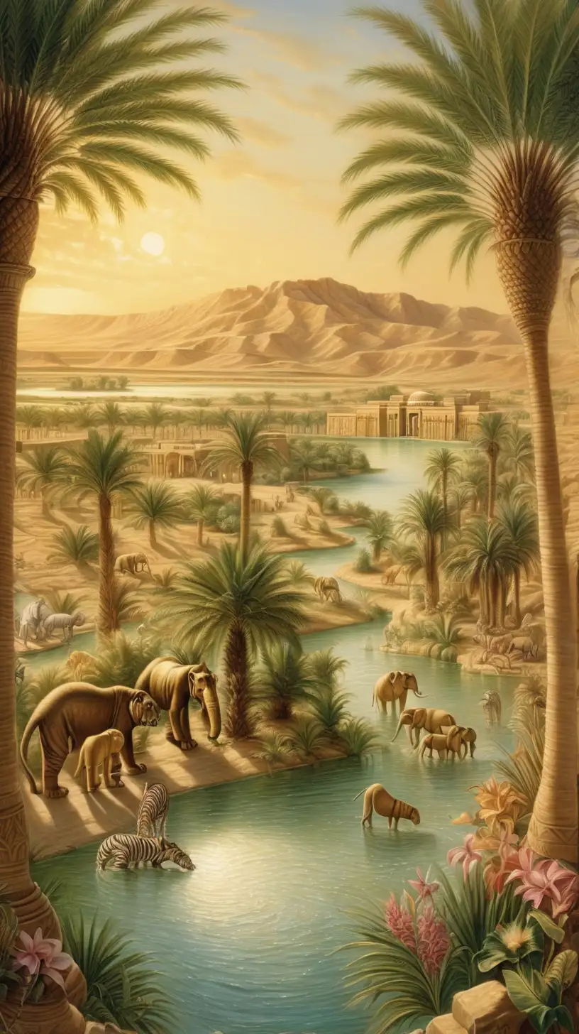 Mesopotamian Oasis with Golden Light Rivers and Exotic Wildlife