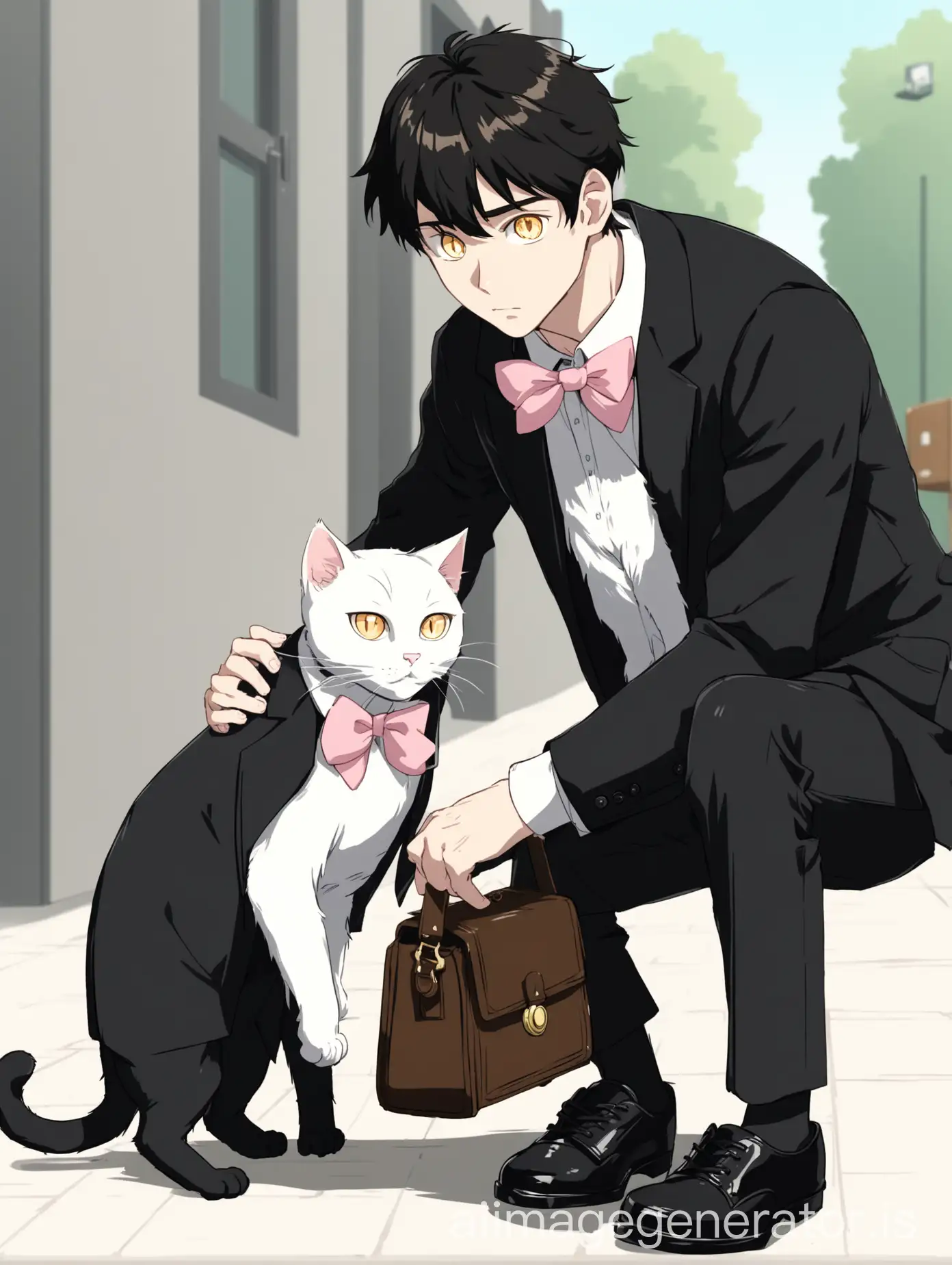 Animated style, golden-eyed male black cat with a camera for a white cat, black cat wears a black school uniform, white shirt, black pants, black shoes, white cat wears a white shirt, pink bow tie, black skirt, holding brown bag in front of knees, bending down looking at the camera