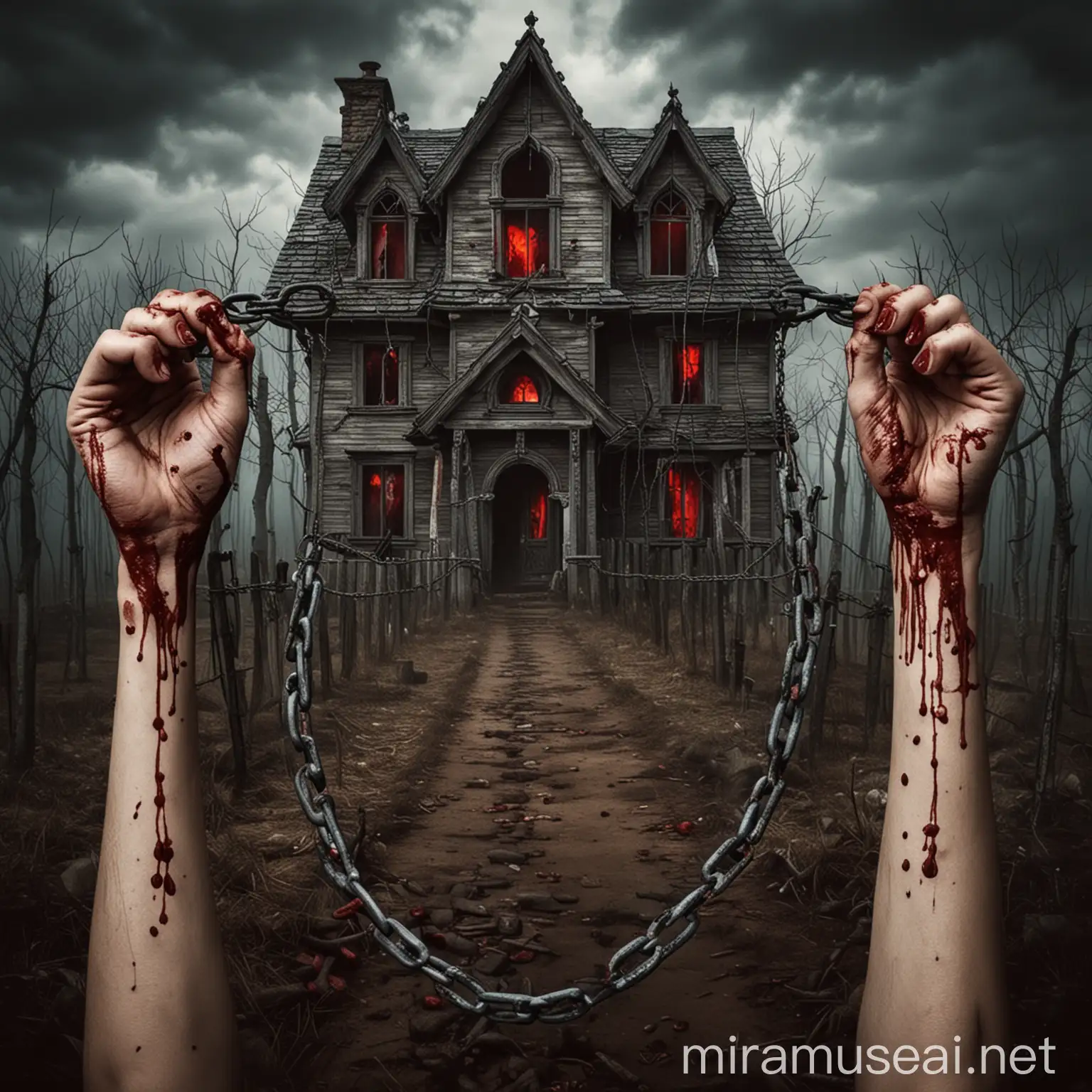 crea una imagen donde hayan unas manos sosteniendo una cadena y que esta cadena esté con una casa con sangre