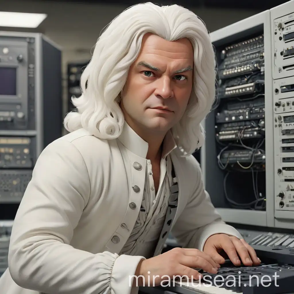 Johann Sebastian Bach with a white wig and a white gown in front of an old, large computer mainframe