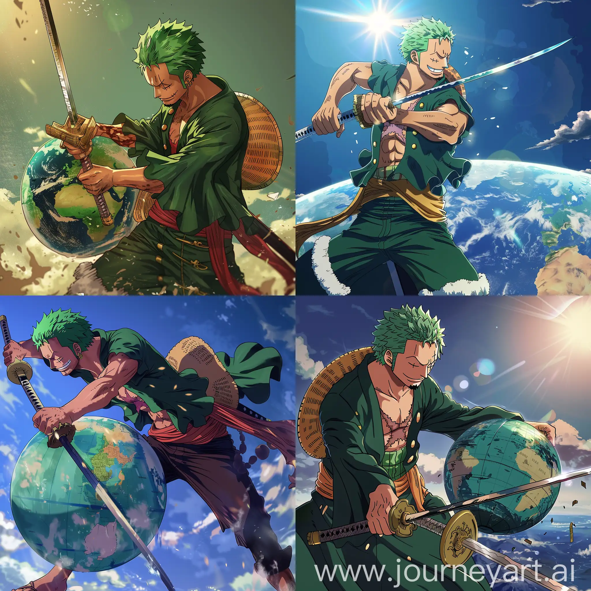 Roronoa Zoro cutting the globe in half with Enema's sword while wearing Vano's outfit, 4K