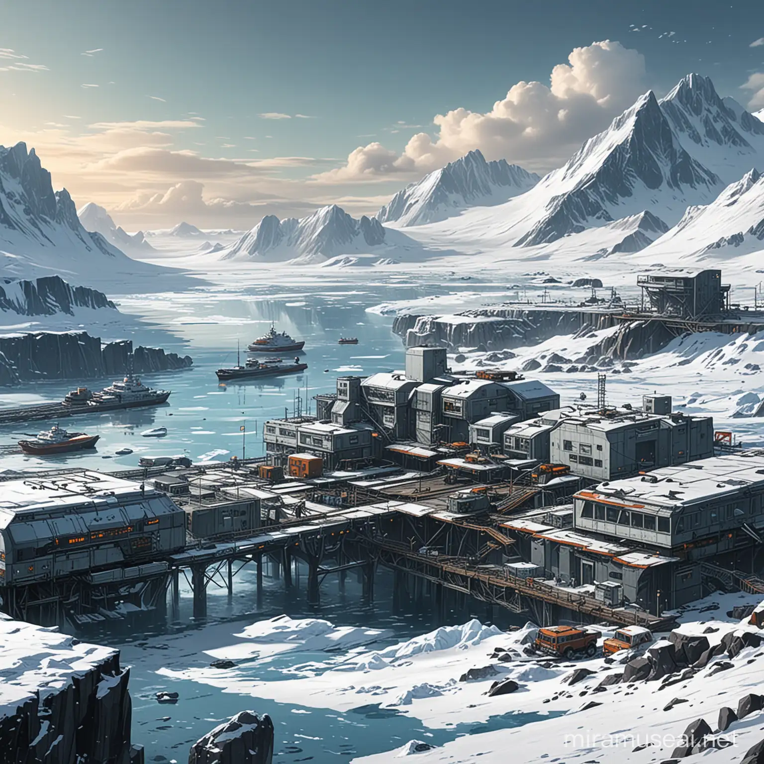 sci fi dystopia antarctic port station comics style