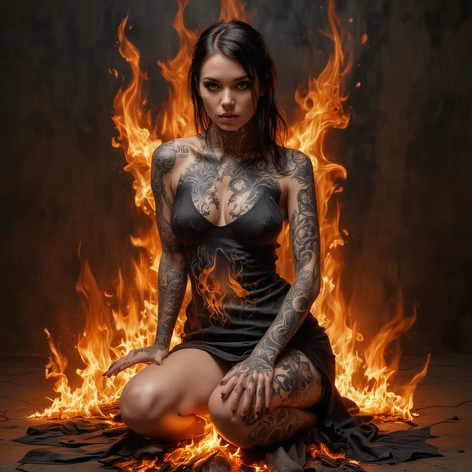 hyper realistic photography
a beautiful tattooed angel, She is wearing a black mini dress, seated on fire flames and she is drawing a painting on a canvas in hell