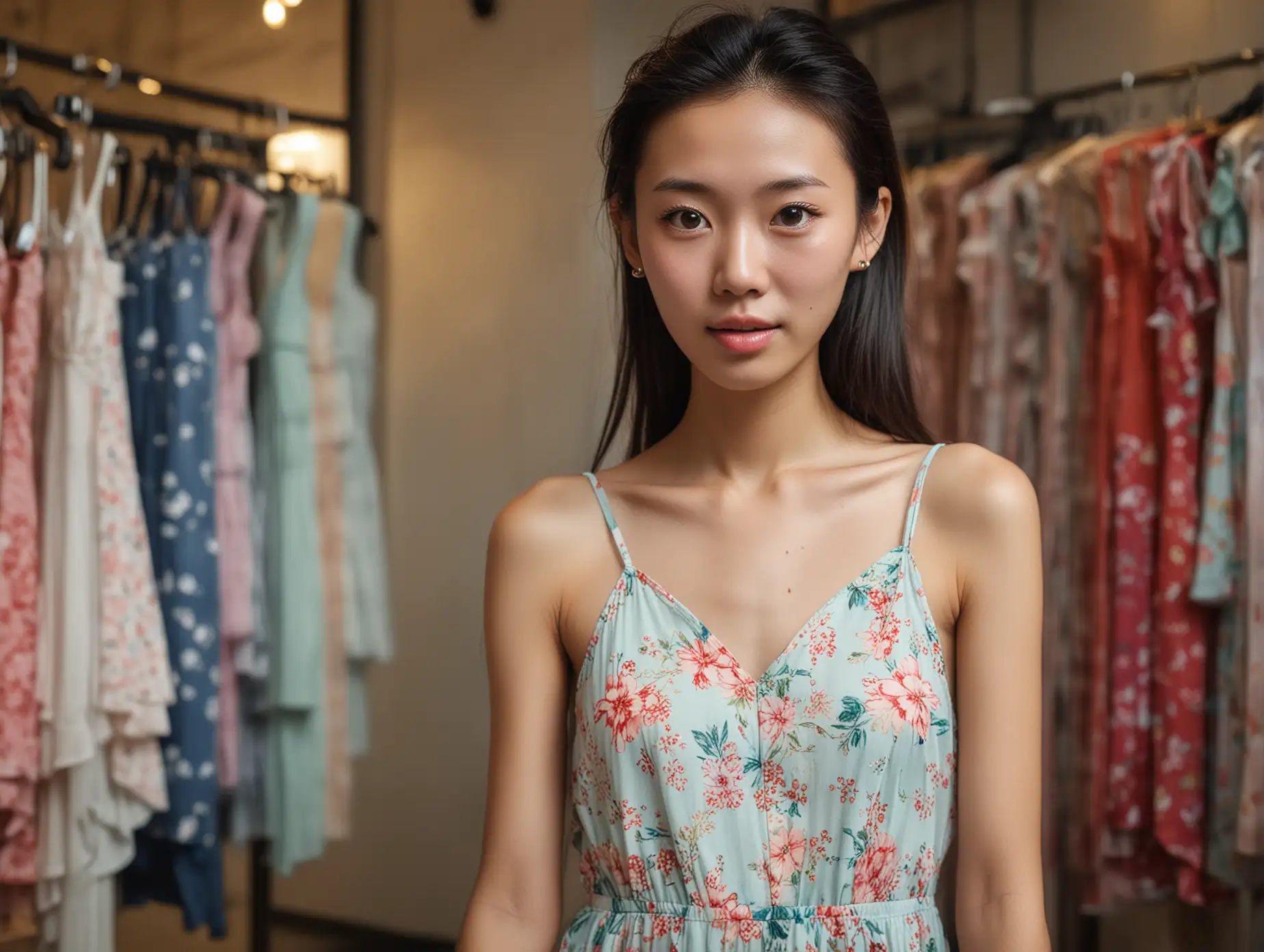 face of an angelic shy skinny young chinese woman wearing a summer dress in a boutique in shanghai blushing and staring at the camera in nervous stunned excitement.