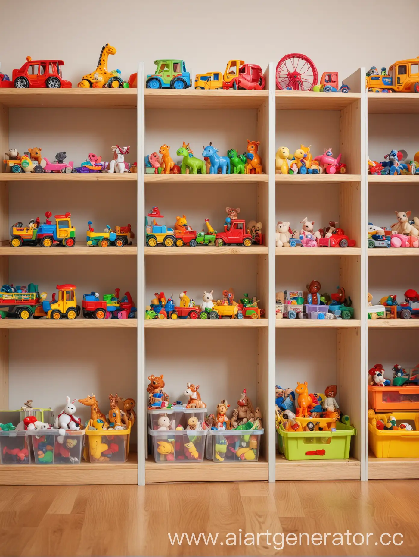 Фотография игровой комнаты детского сада (полки с игрушками, яркие цвета) - немного заблюренное как боке