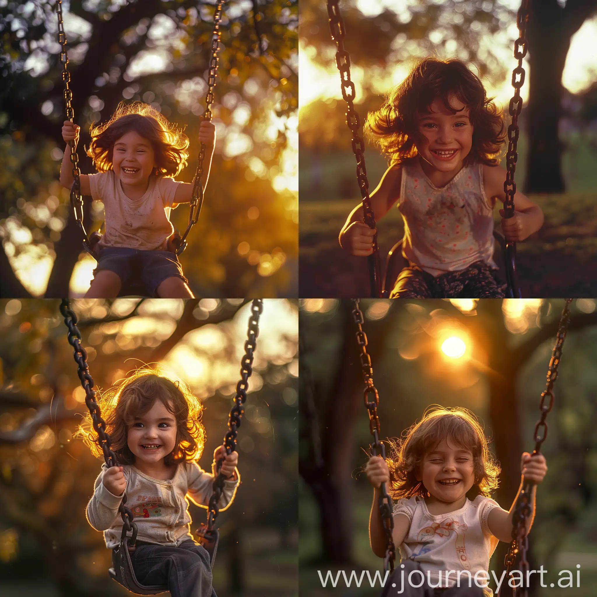 Realistic, extremely detailed photo of a child with brown hair swinging on a swing in a park at sunset, cheerful and smiling, warm golden light, (sunset glow), ((lively atmosphere)), detailed facial expressions, ((dynamic motion)), ((soft bokeh)), professional DSLR camera, 135mm lens, Fujifilm Velvia 50, photo by Steve McCurry, natural skin texture, (vivid colors), ((captivating composition)), joyous mood.