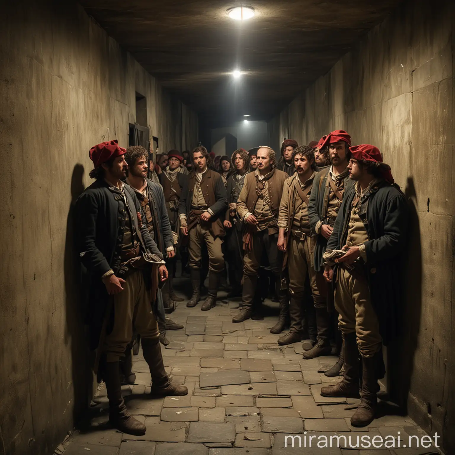 A surprising scene of revolutionaries inside the Bastille, discovering only a few prisoners in the dark, empty cells.