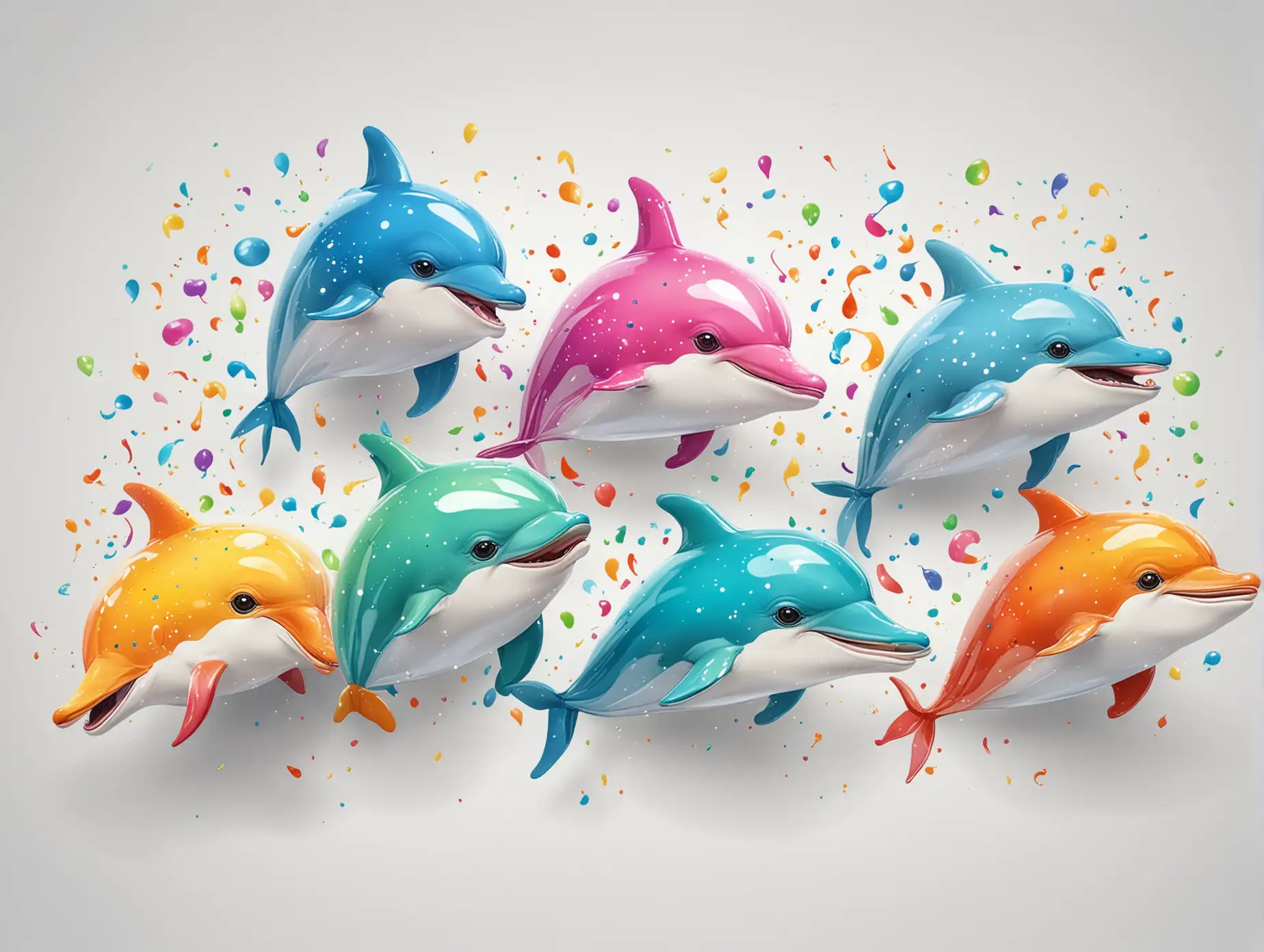 Six Multicolor Dolphins Cartoon Design at a Birthday Party on Pure White Background