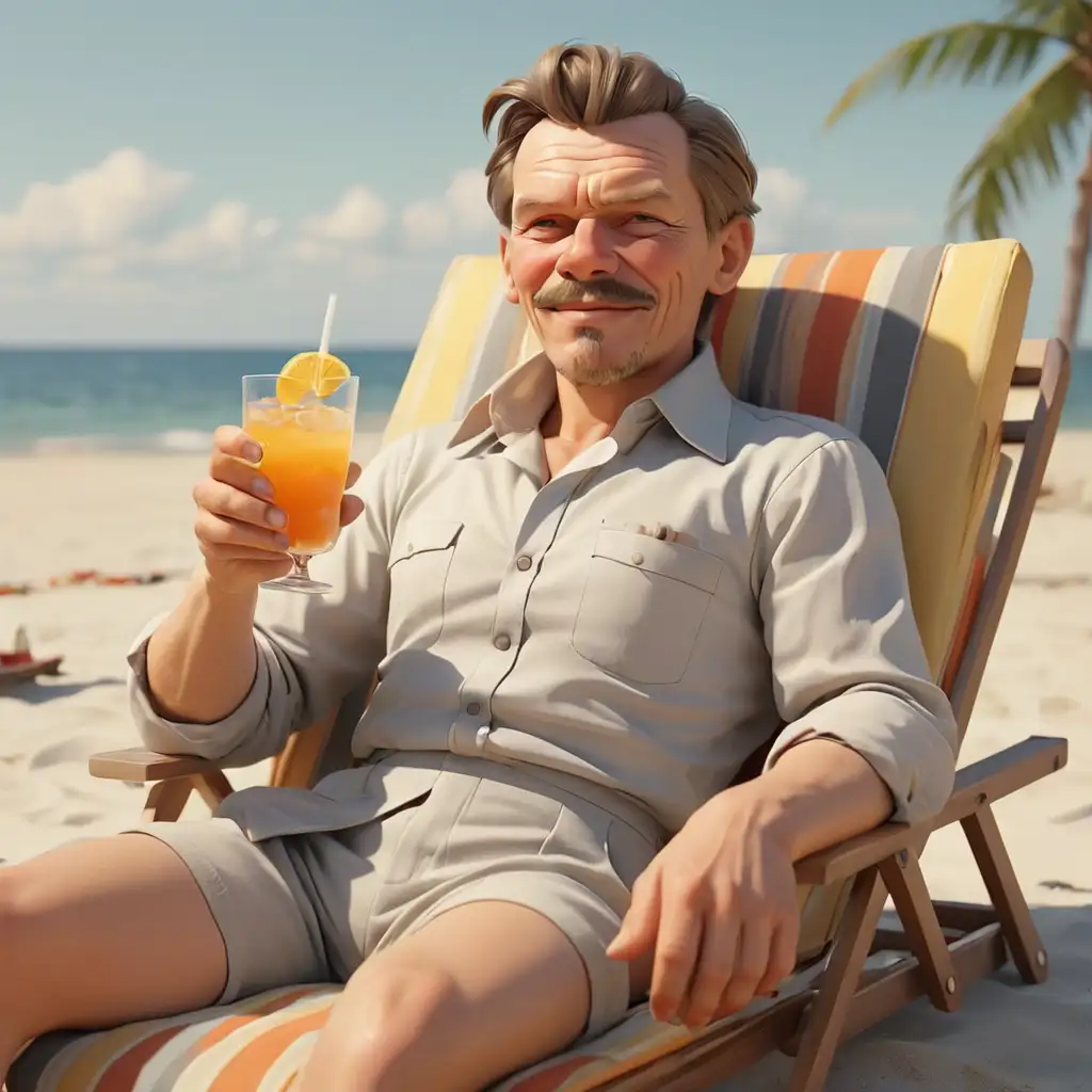 Maxim Gorky Relaxing on Beach with Cocktail Realism 3D Animation